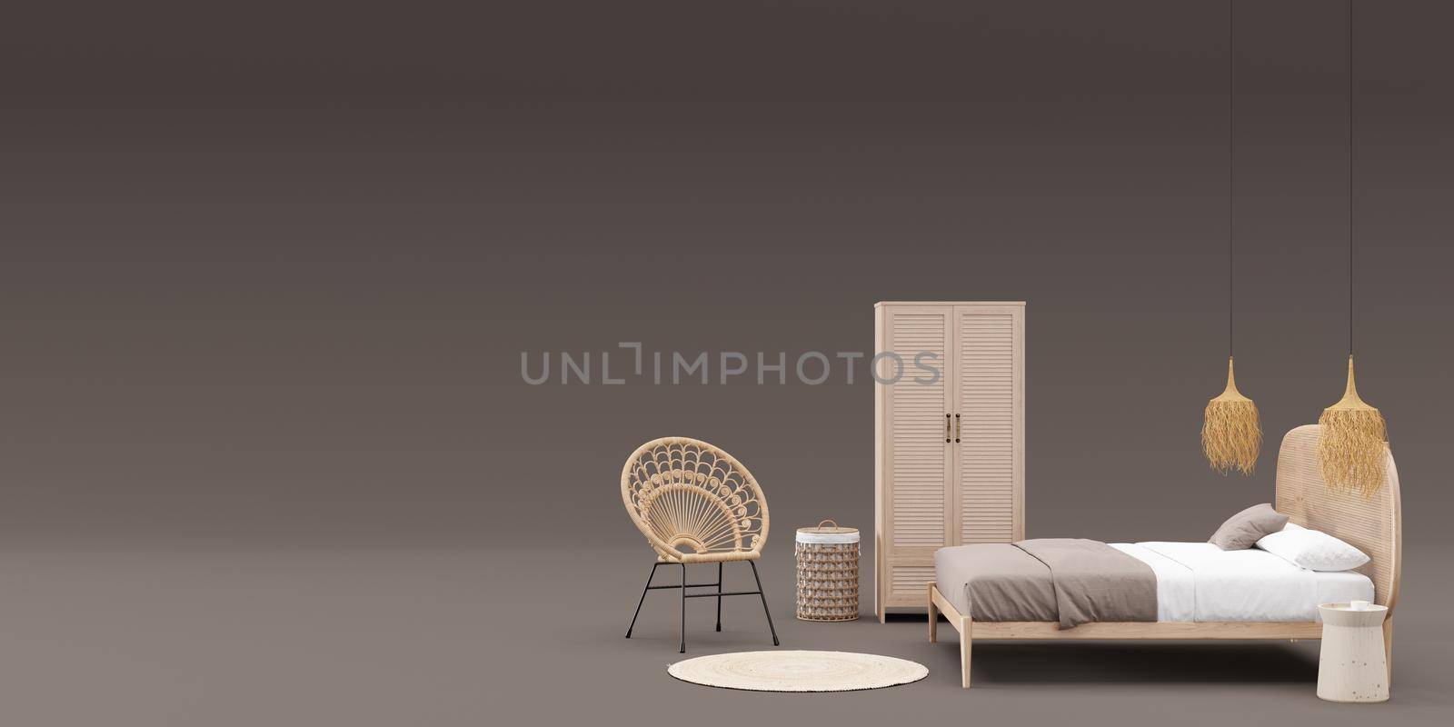Banner with boho style bedroom furniture and copy space for your advertisement text or logo. Furniture store, interior details. Furnishings sale. Interior project. Template with free space. 3d render