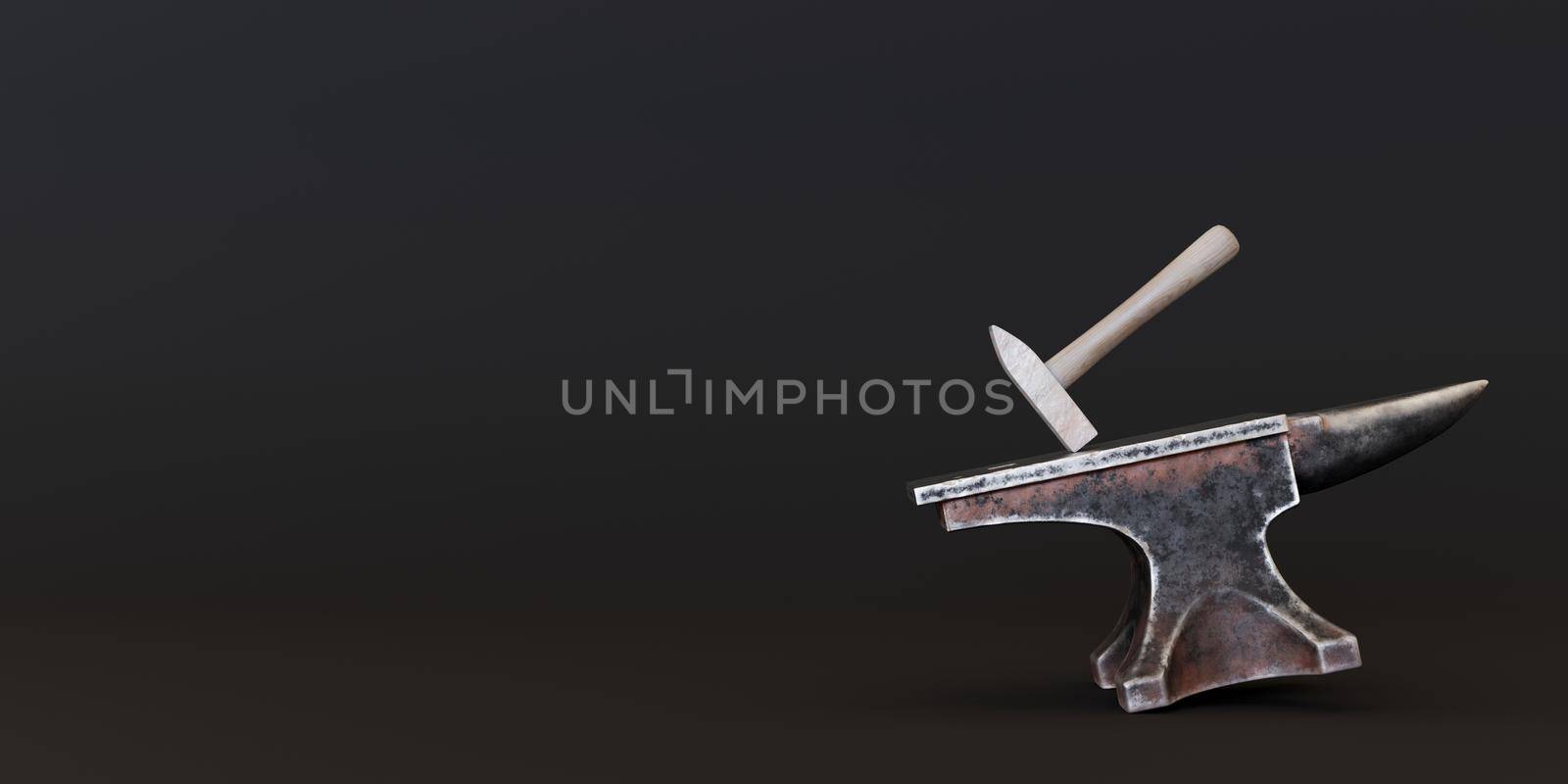Blacksmith's hammer on metal anvil on the black background. Ambos, forge tool. Metal industry, old profession. Free, copy space for your text. Template for advertising, announcement. 3D rendering