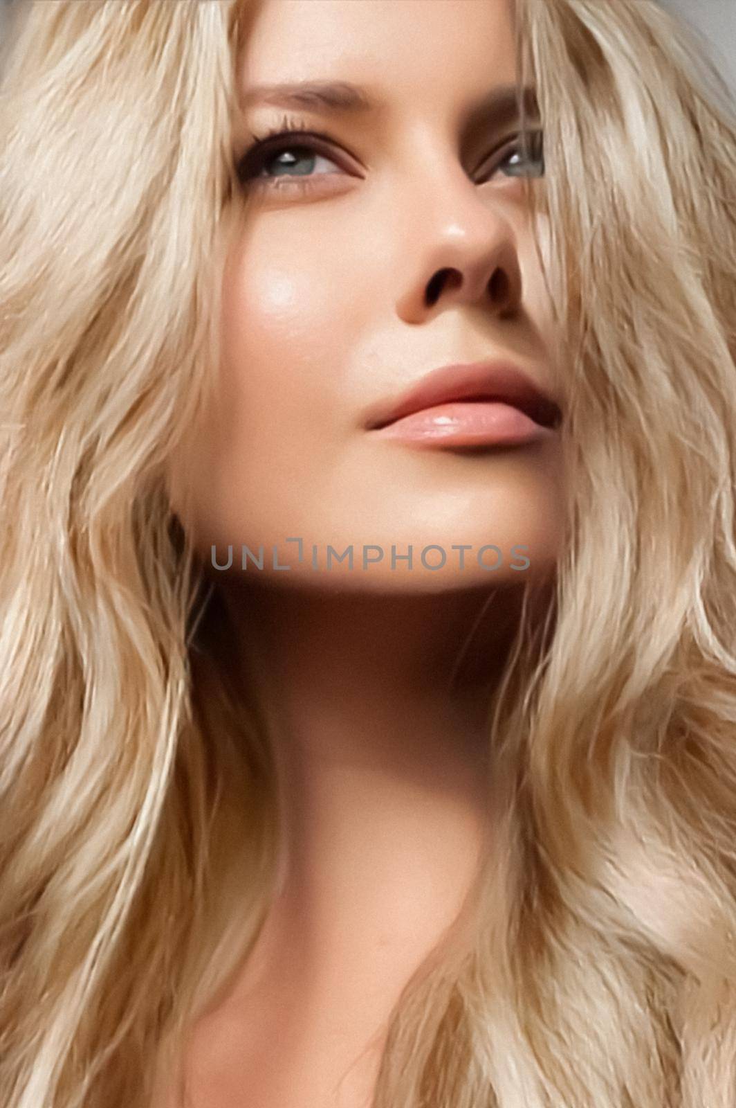 Hair colour, haircare cosmetics and beauty face portrait, beautiful woman with light blonde hairstyle shade by Anneleven