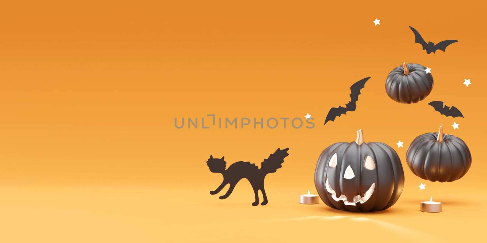 Halloween decoration on orange background. Free, copy space for your text or logo. Halloween banner, mock up design, template for advertising. Black pumpkin, bat, cat, candles. 3D rendering
