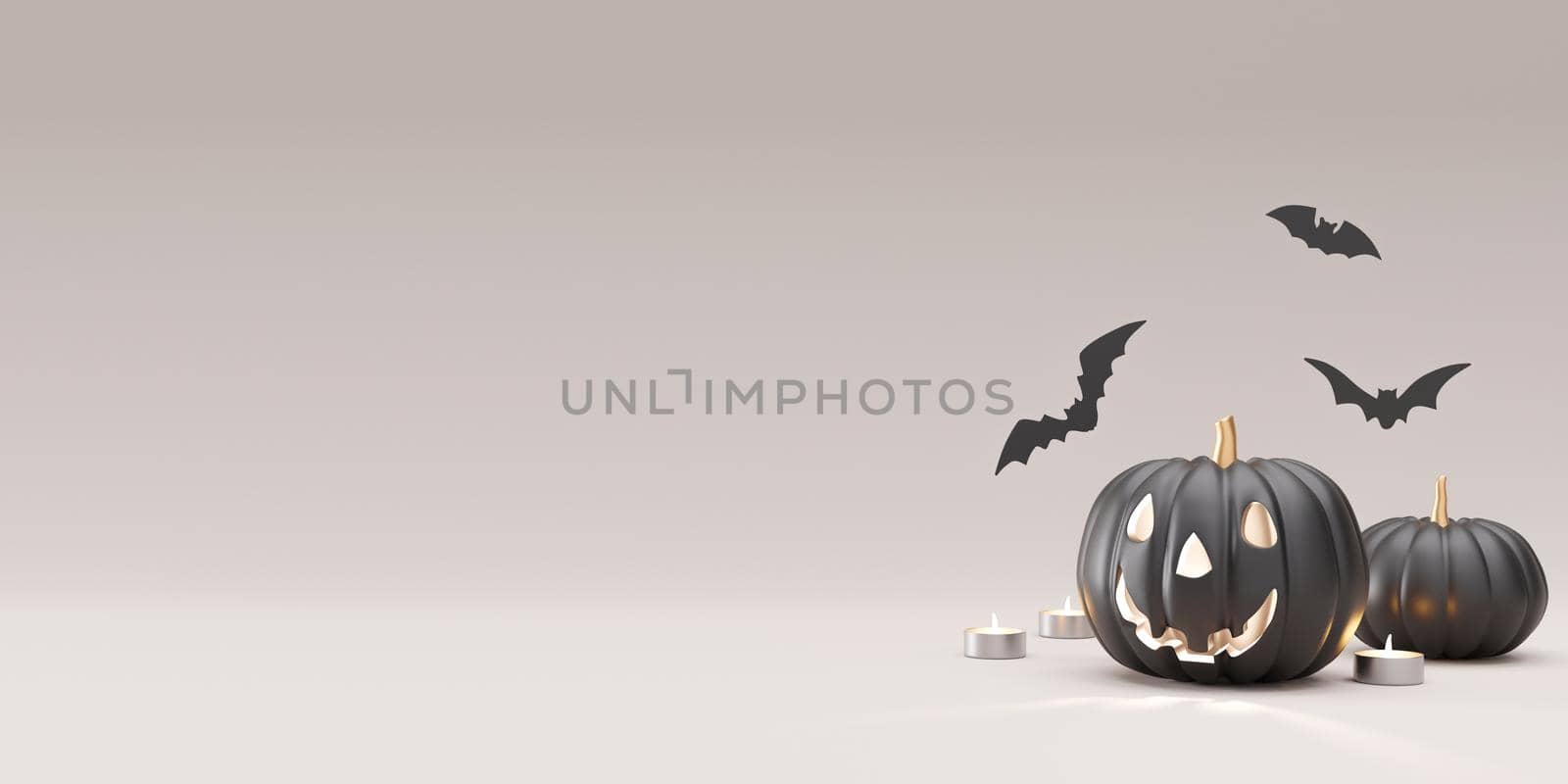 Halloween decoration on gray background. Free, copy space for your text or logo. Halloween banner, mock up design, template for advertising. Black pumpkin, bat, candles. 3D rendering