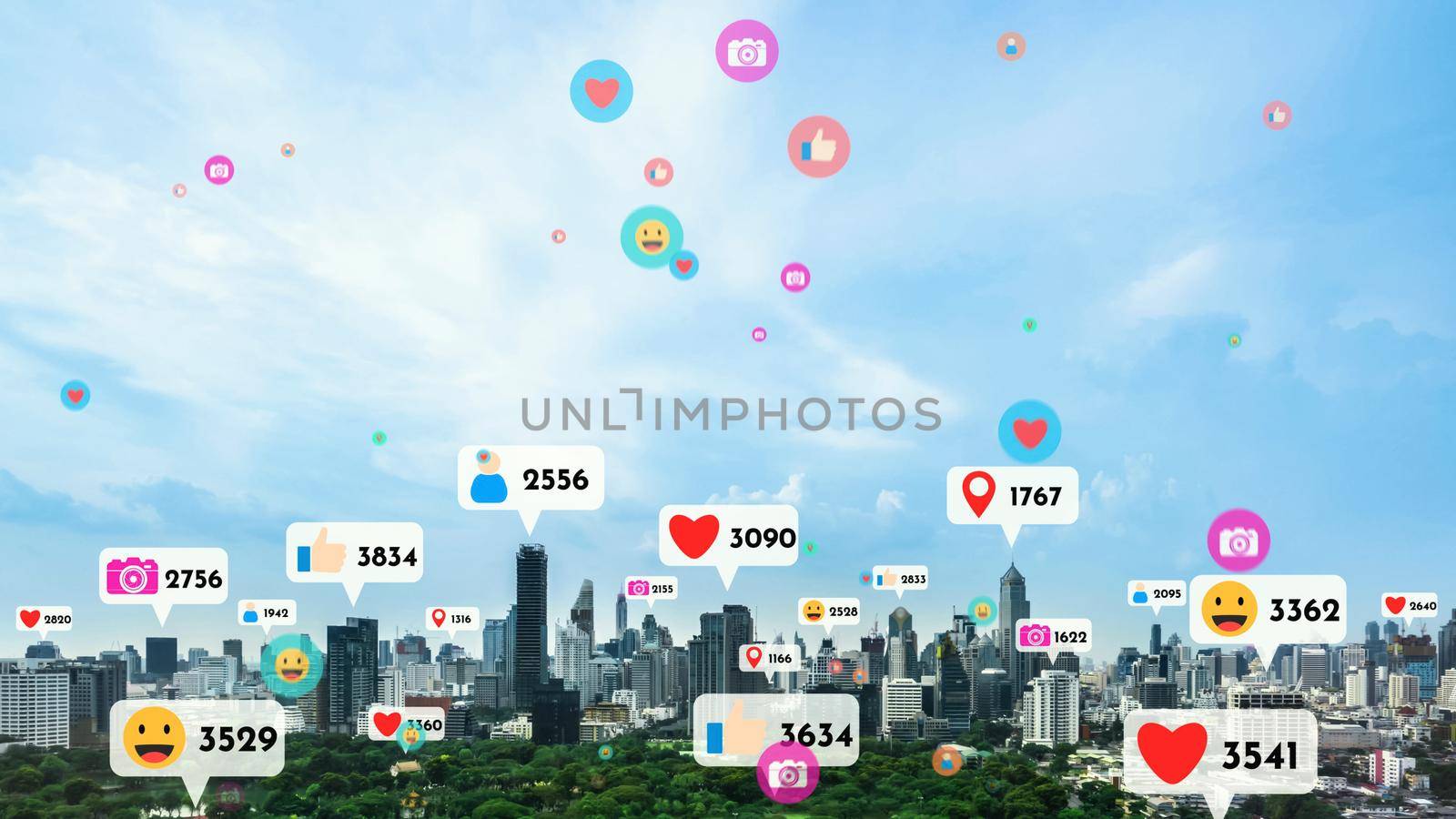Social media icons fly over city downtown showing people reciprocity connection by biancoblue