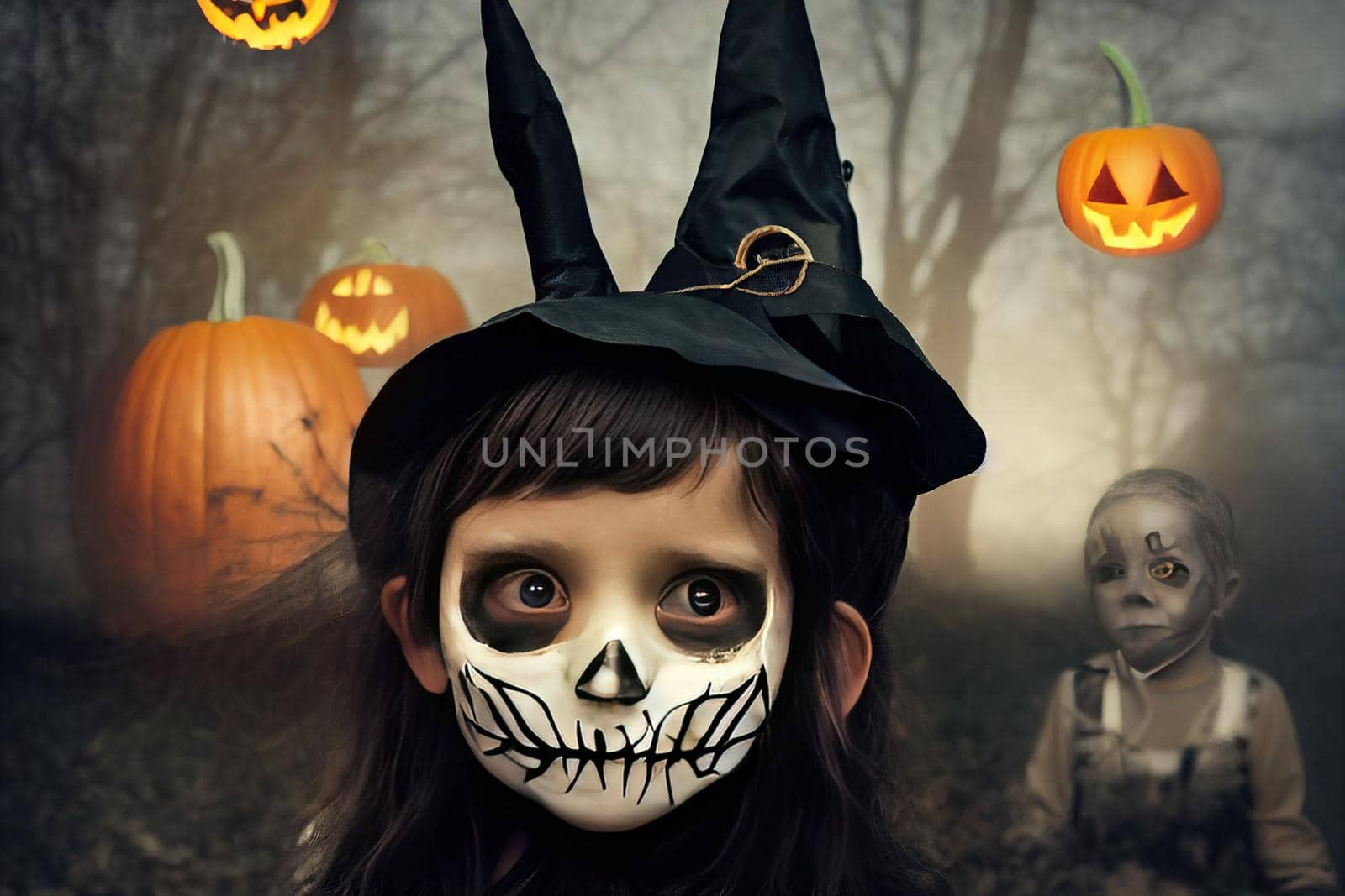 A little girl in a witch costume in a medical mask makes crafts and scares