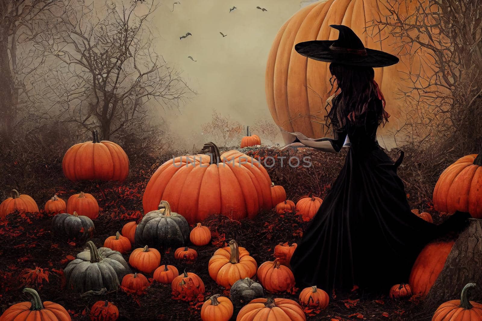 A beautiful girl witch in a black dress and pride sits on a red background near a large orange pumpkin. Halloween.A witch, a day of thanksgiving, a day of all saints