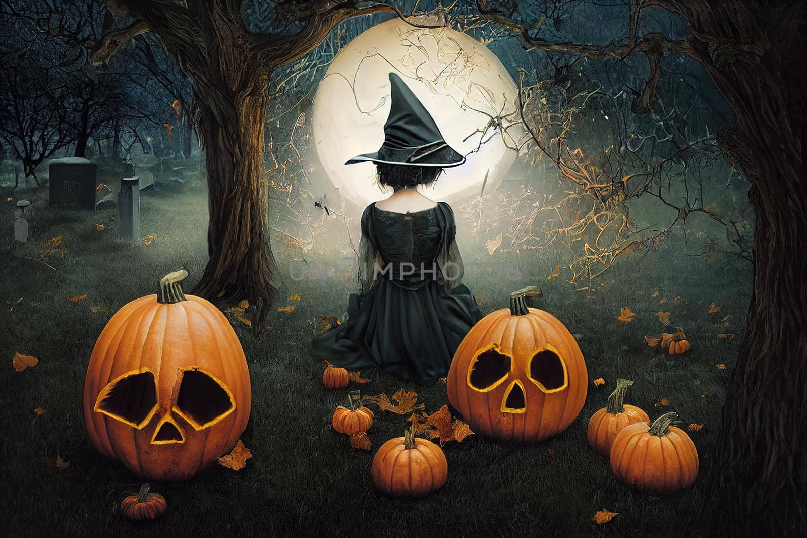 A beautiful young witch sits on a pumpkin next to two graves, from which a beam of light rises. She has a skull in her hand. Owls sit in the trees around and watch closely