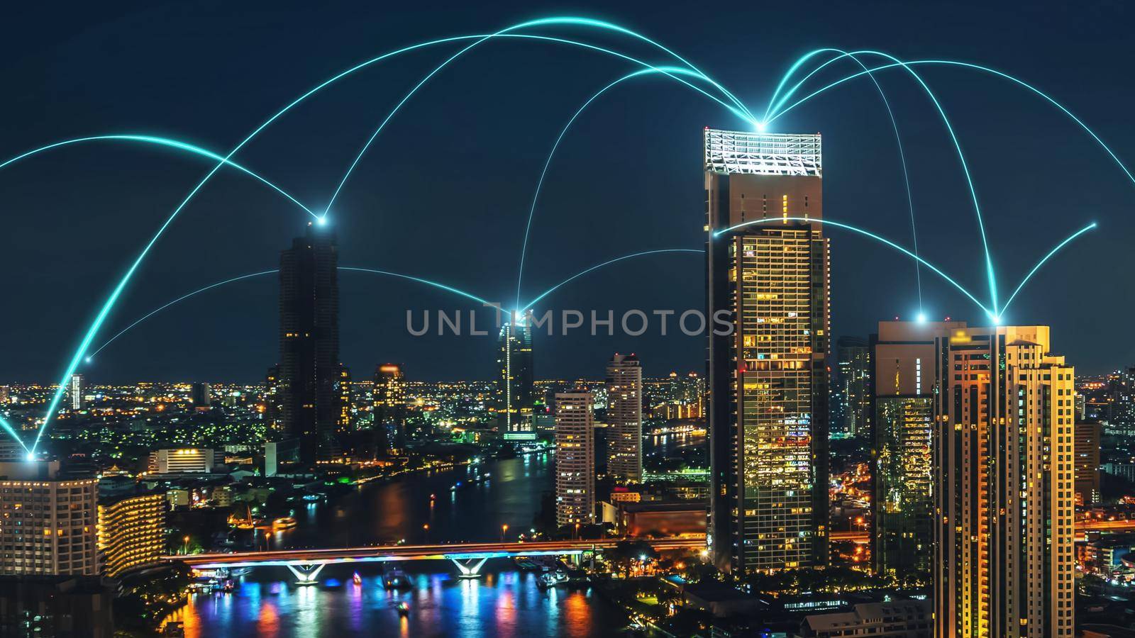 Smart digital city with connection network reciprocity over the cityscape by biancoblue