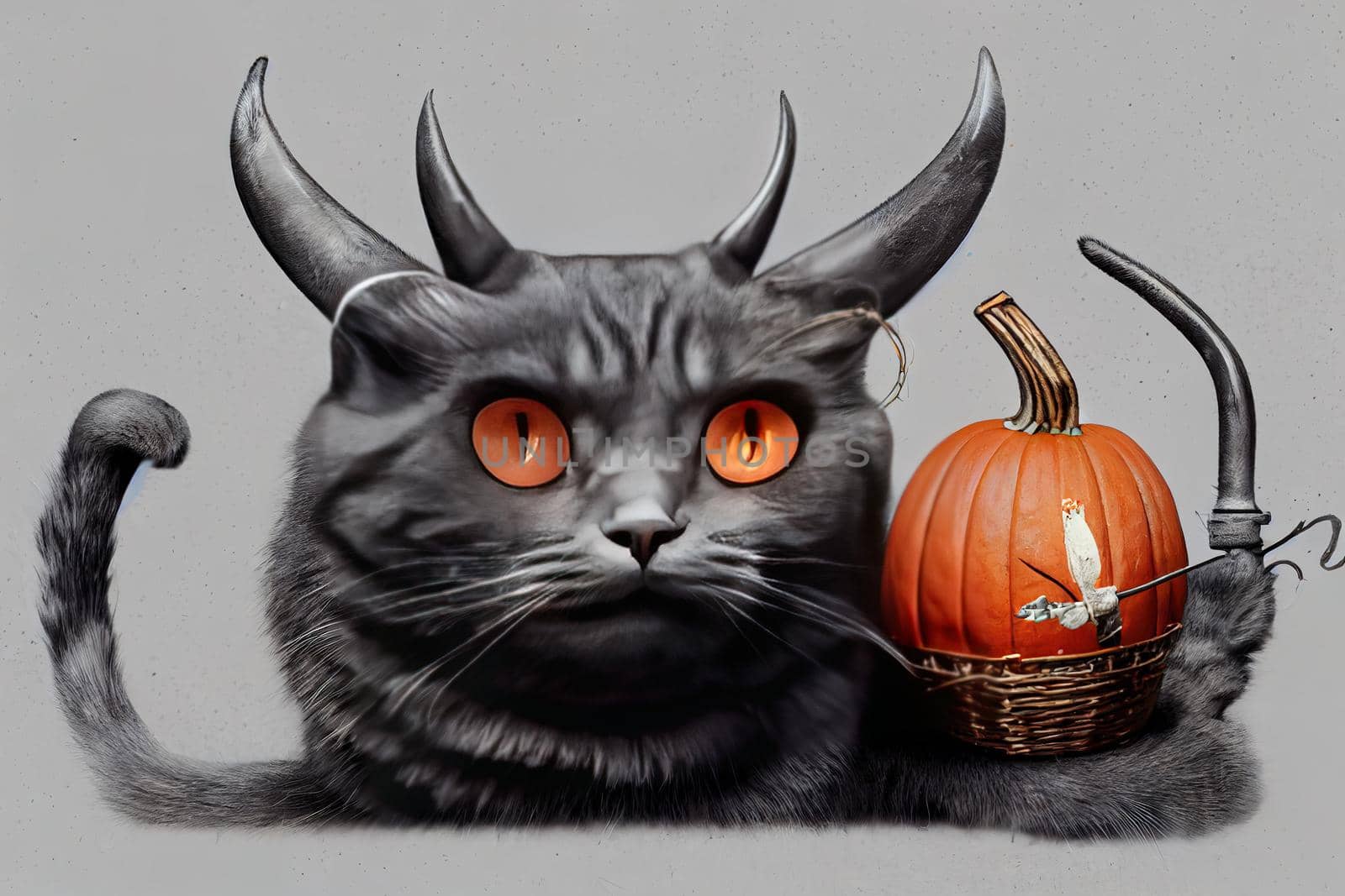 A gray cat in red horns is holding a devil trident and a pumpkin pail with candies for Halloween. White background. Isolated
