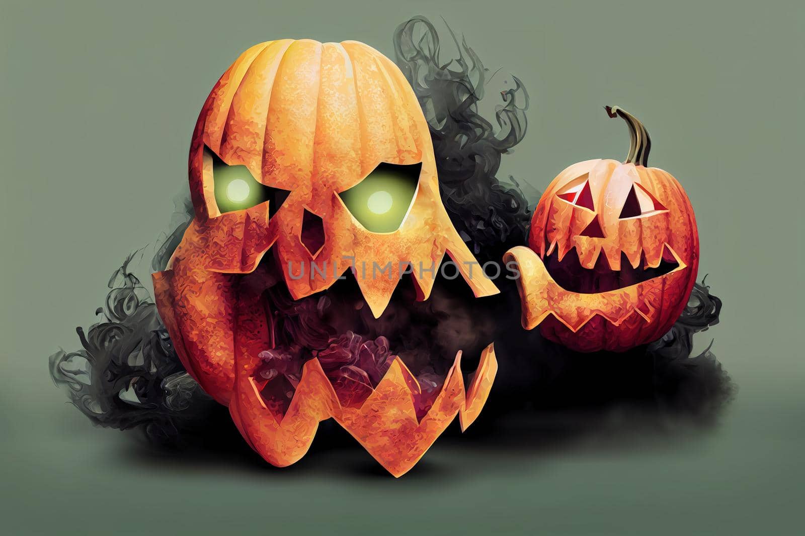 a halloween zombie with a pumpkin head filled with smoke coming out of its mouth artwork