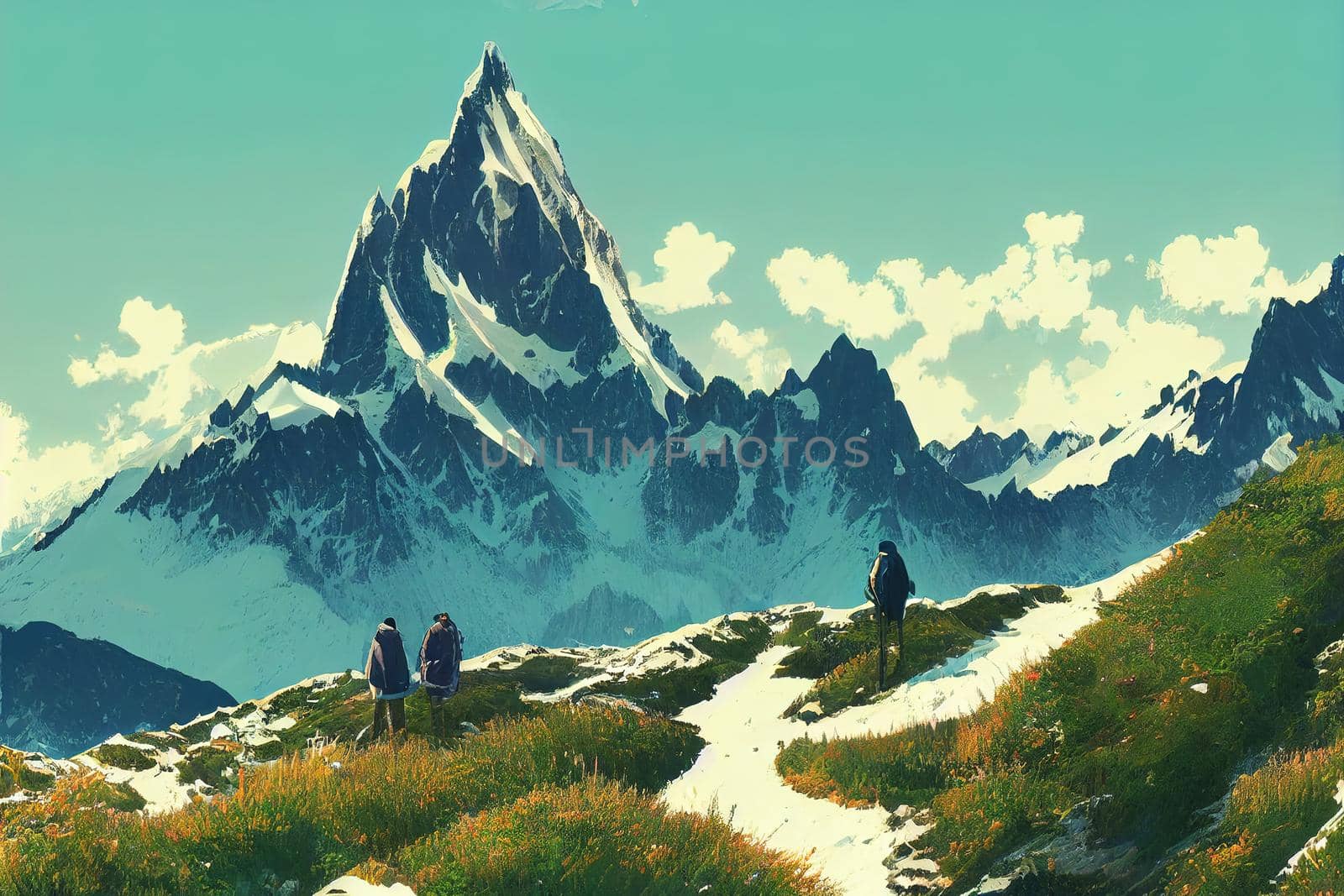Amazing view on Monte Bianco mountains range with tourist on a foreground, Vallon de Berard Nature Preserve, Chamonix, Graian Alps, Landscape photography anime style, cartoon style toon style