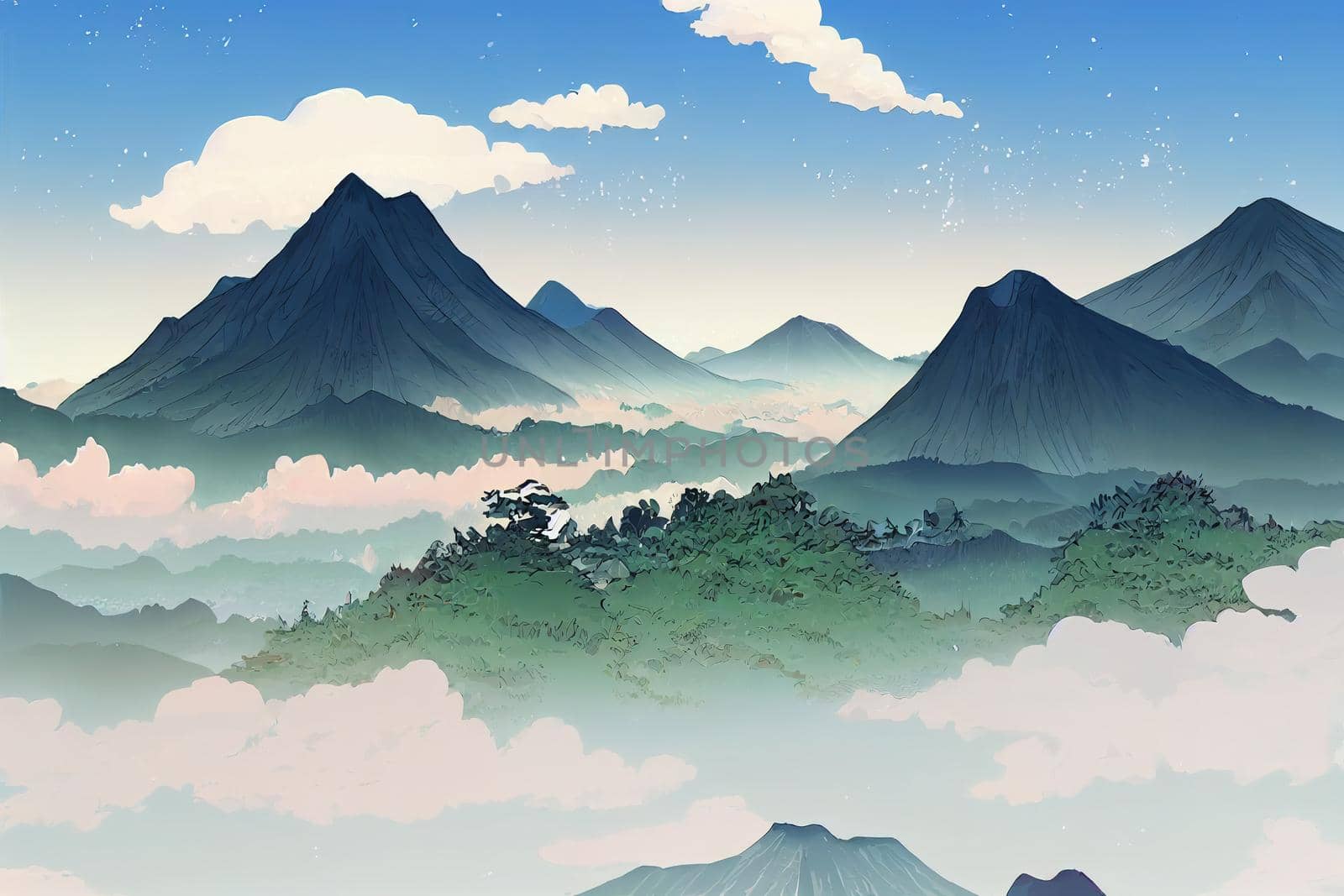 Beautiful scenery of mountains in Okayama prefecture, Japan anime style, cartoon style toon style