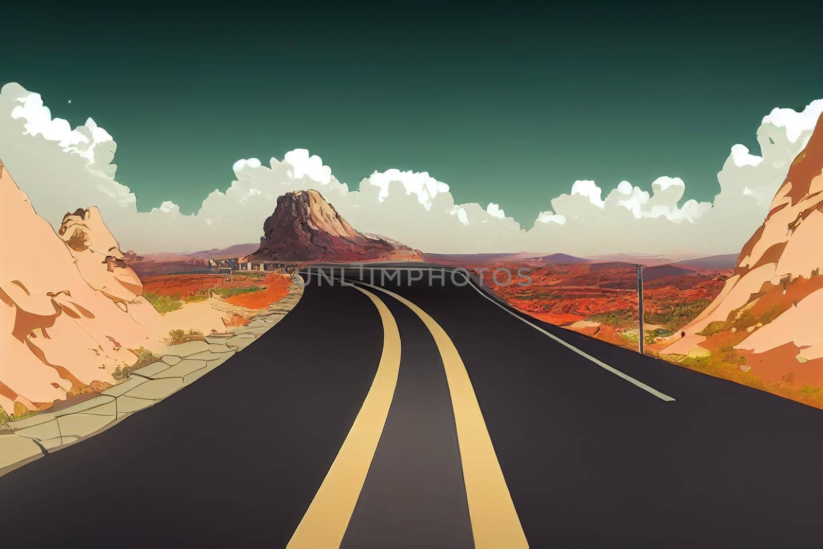 Beautiful mountain road to Al Baha from Jeddah anime style, cartoon style toon style