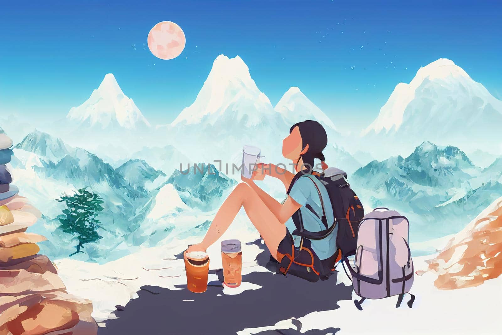 hiker or traveler with backpack adventure sitting and drinking ice coffee relax and rest on the mountain outdoor for destination nature on vacation, Travel Lifestyle anime style, cartoon style