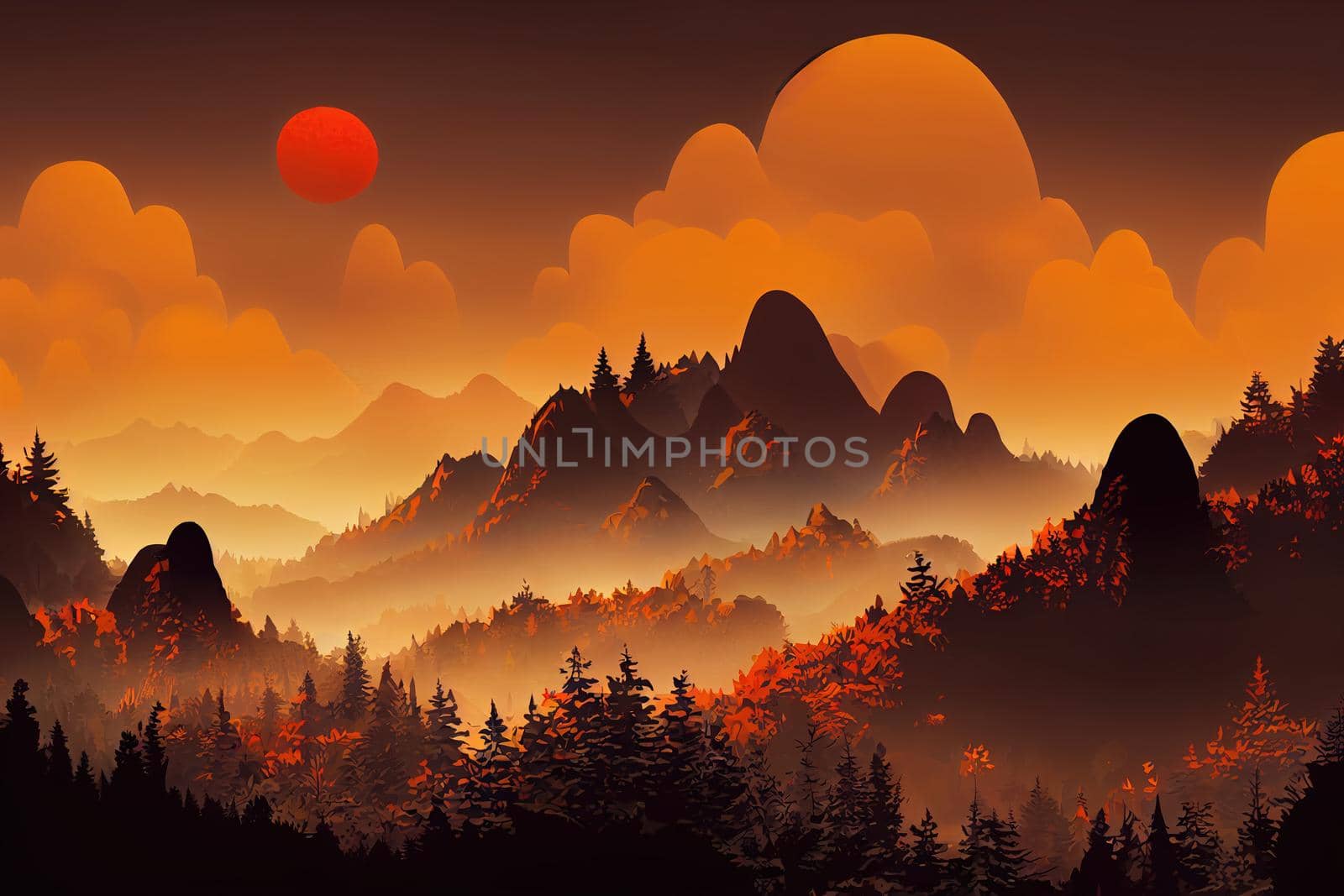 Beautiful dark orange mountain landscape with fog and forest by 2ragon