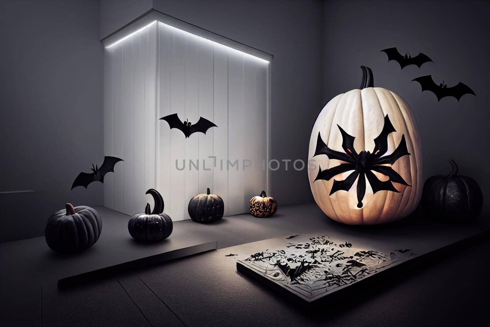 Carved pumpkins, bats and spiders near black front door of modern house with white walls and black bench, Concept of halloween