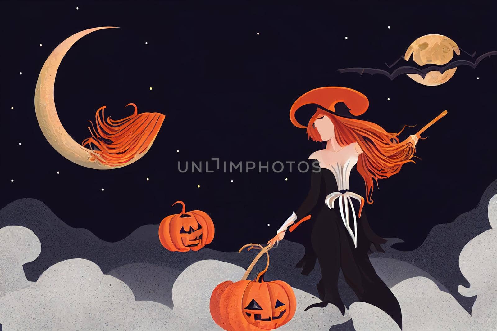 Beautiful witch, redhead woman in spooky hat flying on broom by 2ragon
