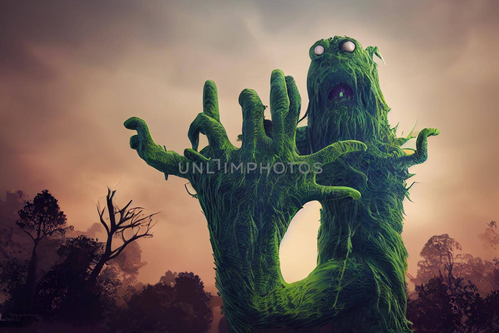 Cartoon creepy halloween pointing green monster hand, 3D Rendering
