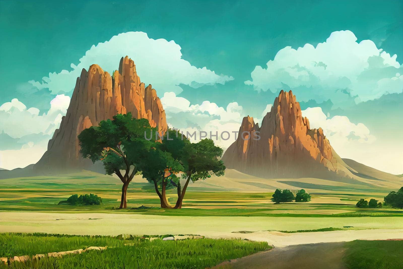 Beauty mountain landscape between Samarkand and Shahrisabz cities in Uzbekistan anime style, cartoon style toon style