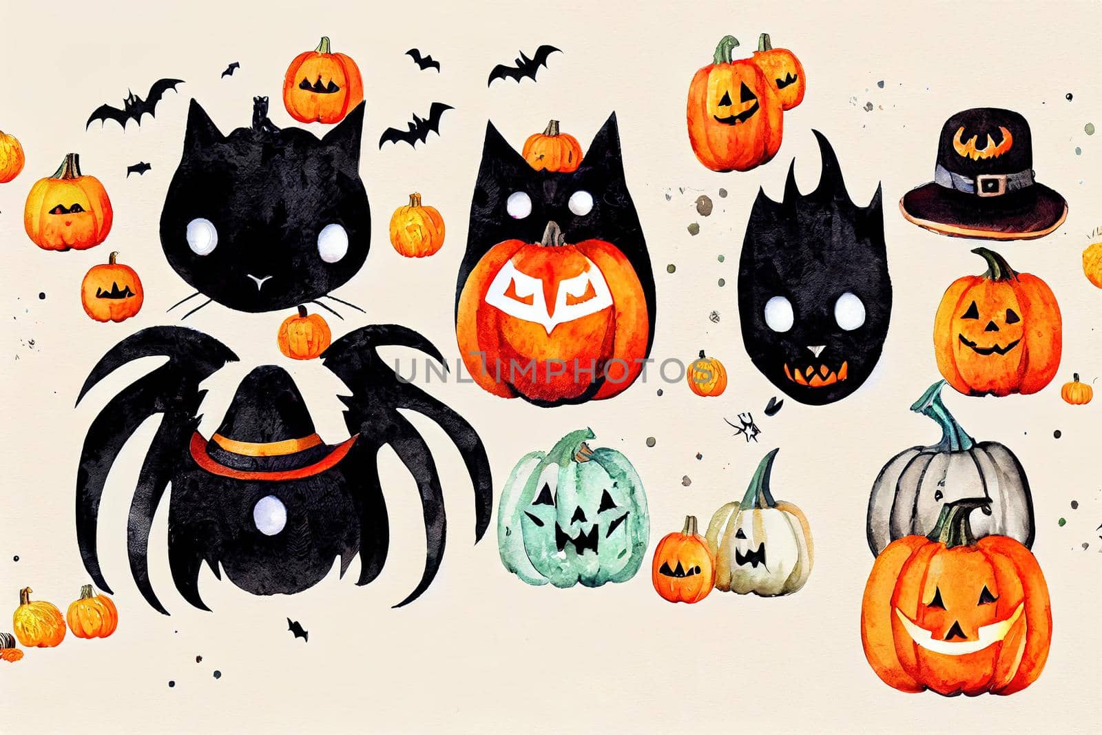 Black cat, ghosts, pumpkin, hat, monsters by 2ragon