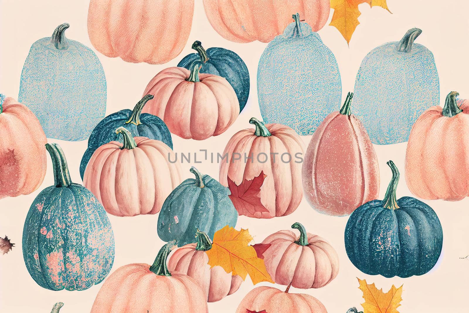 Autumn pattern in pastel pink and blue. Halloween pumpkins minimal background