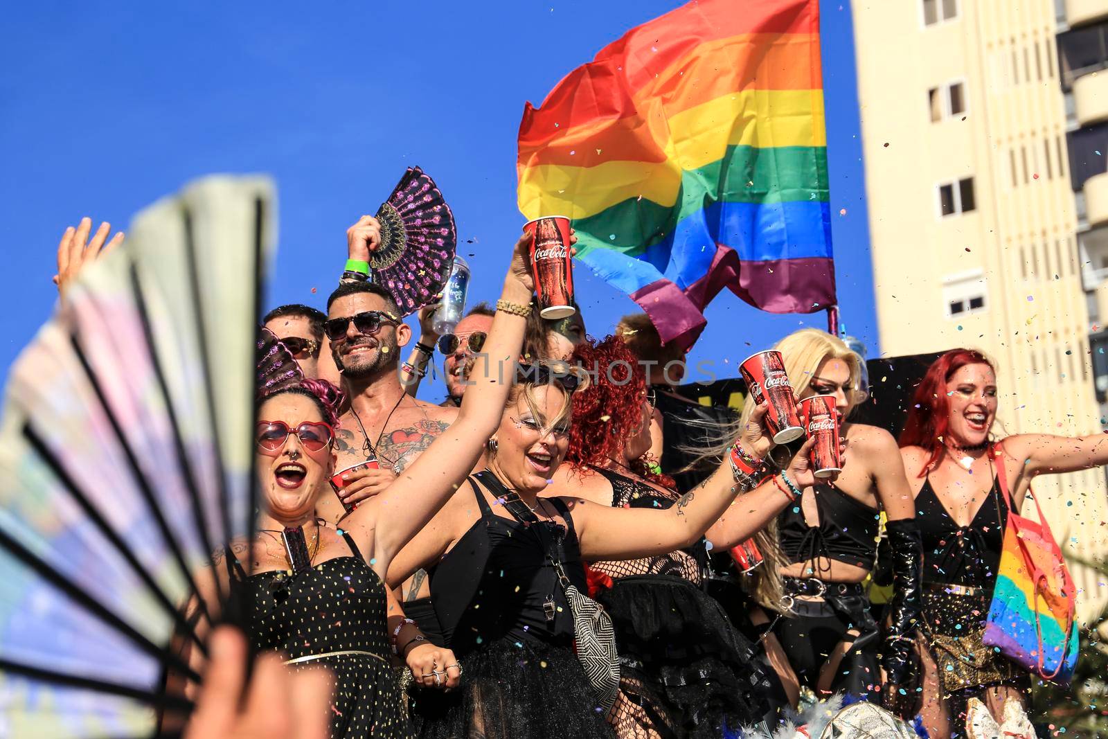 Benidorm, Alicante, Spain- September 10, 2022: People dancing and having fun at the Gay Pride Parade in Benidorm in September