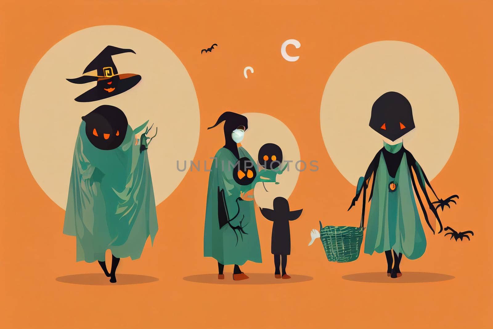 COVID-19 and social distancing infographic with cute Halloween cartoon character, Kids in witch costume with the basket and mummy with surgical mask, Corona virus protection, Trick or treat v1