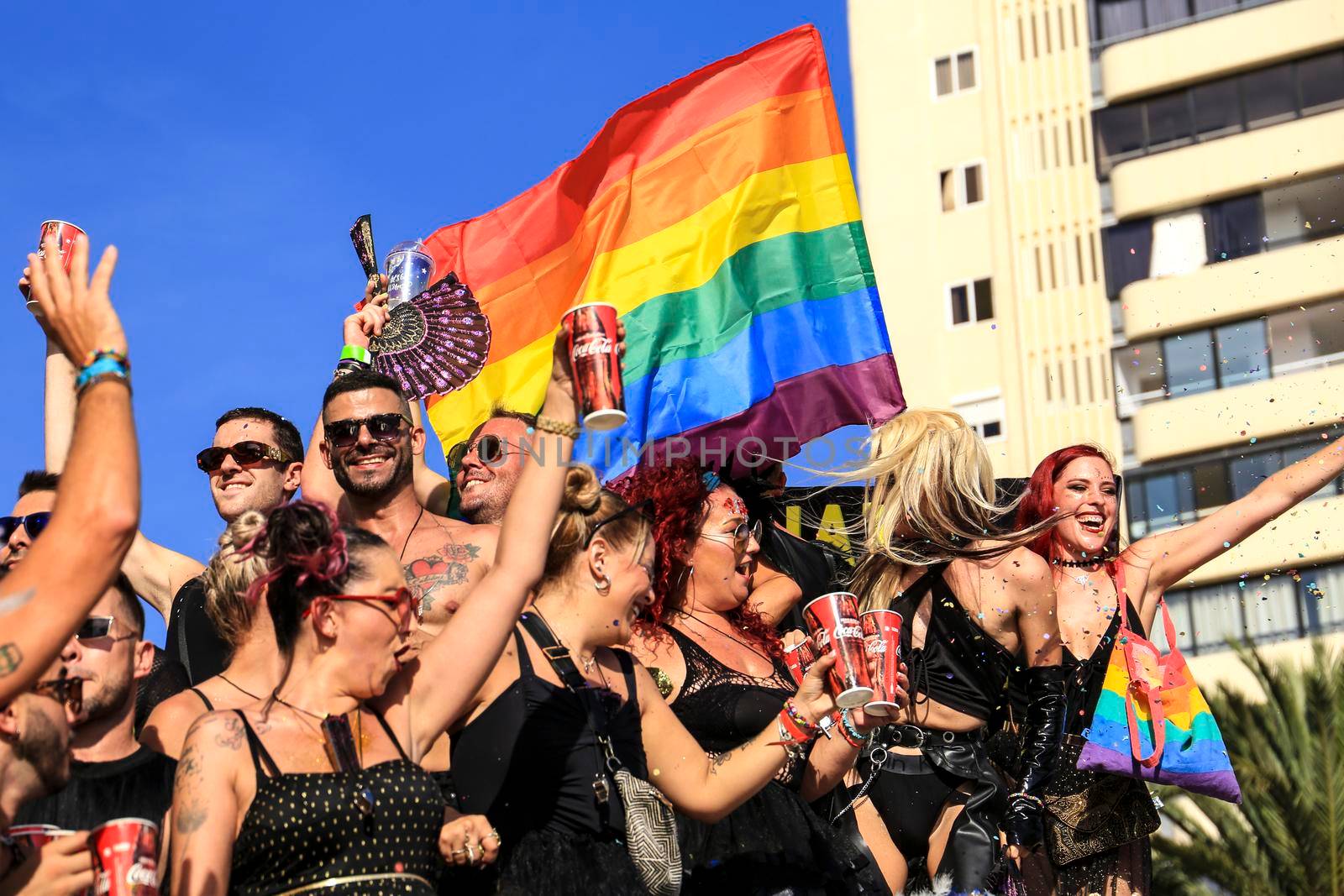 Benidorm, Alicante, Spain- September 10, 2022: People dancing and having fun at the Gay Pride Parade in Benidorm in September