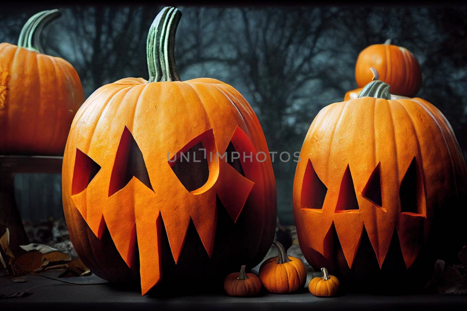 closeup of scary halloween pumpkins, orange color