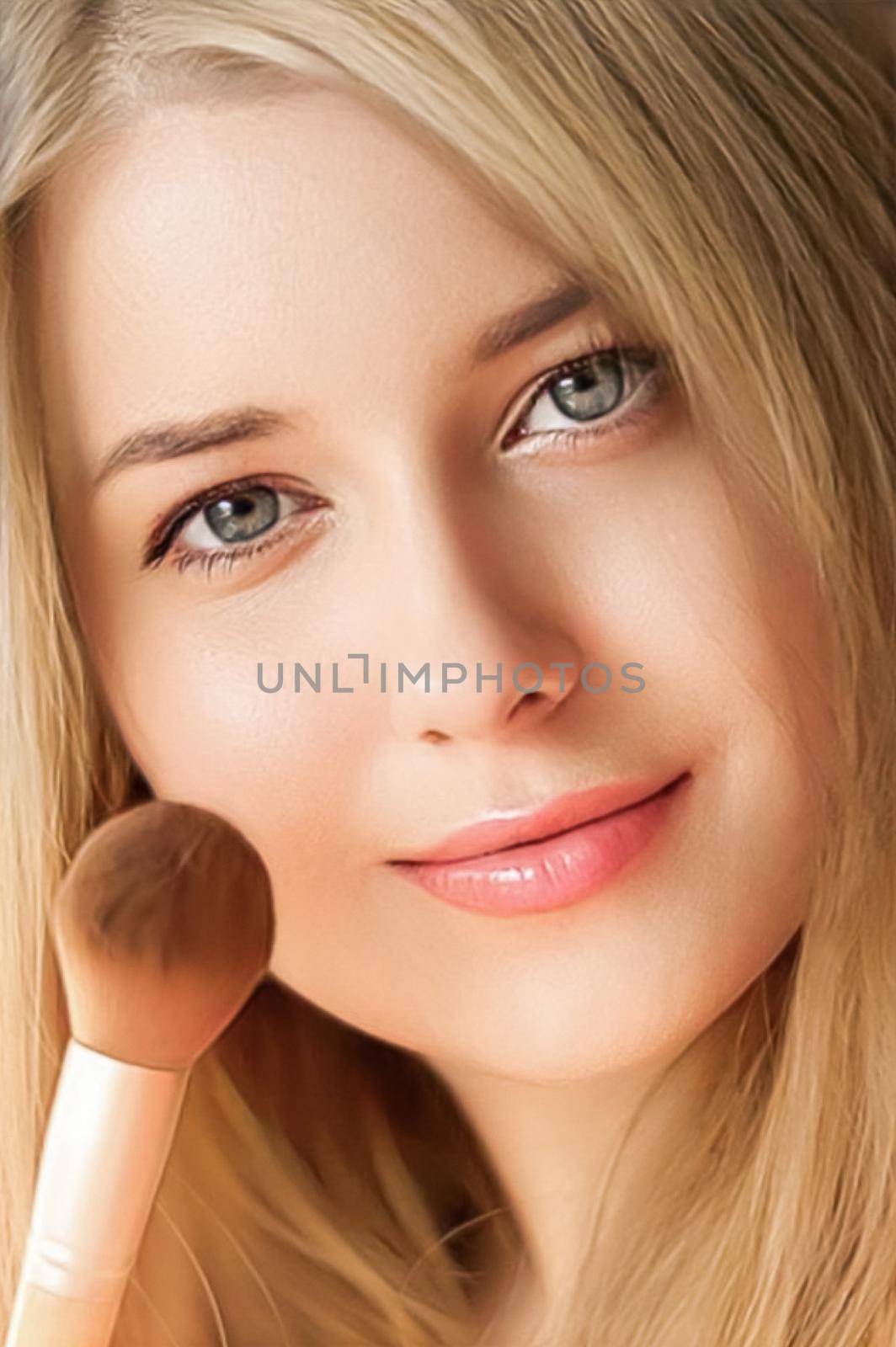 Make-up cosmetics and beauty product, beautiful woman applying cosmetic powder with organic bamboo makeup brush, face portrait close-up