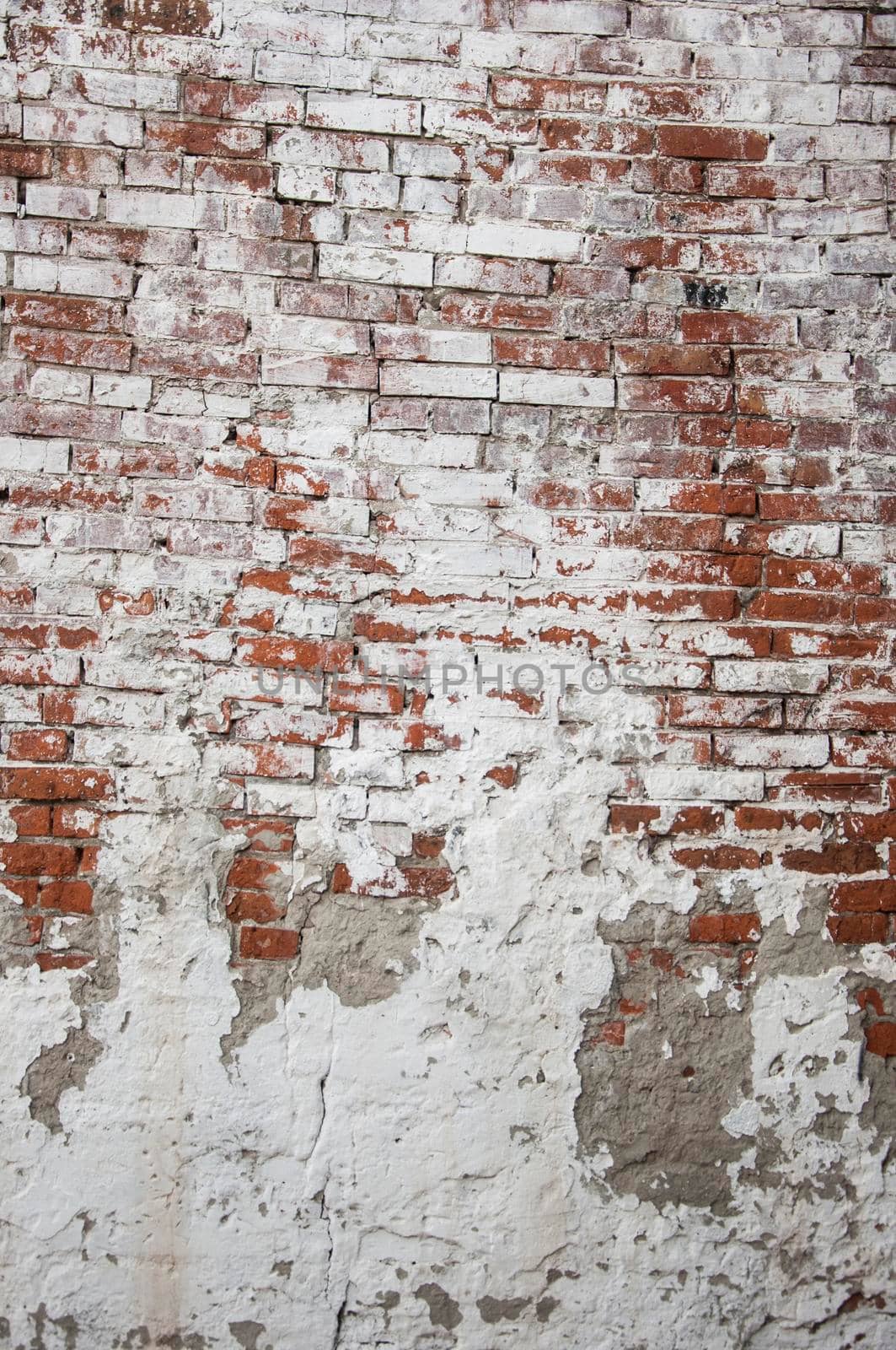 Empty old brick wall texture. Painted distressed wall surface. Grungy wide brickwall. Grunge red stonewall background. Shabby building facade with damaged plaster. Abstract web banner. Copy space.