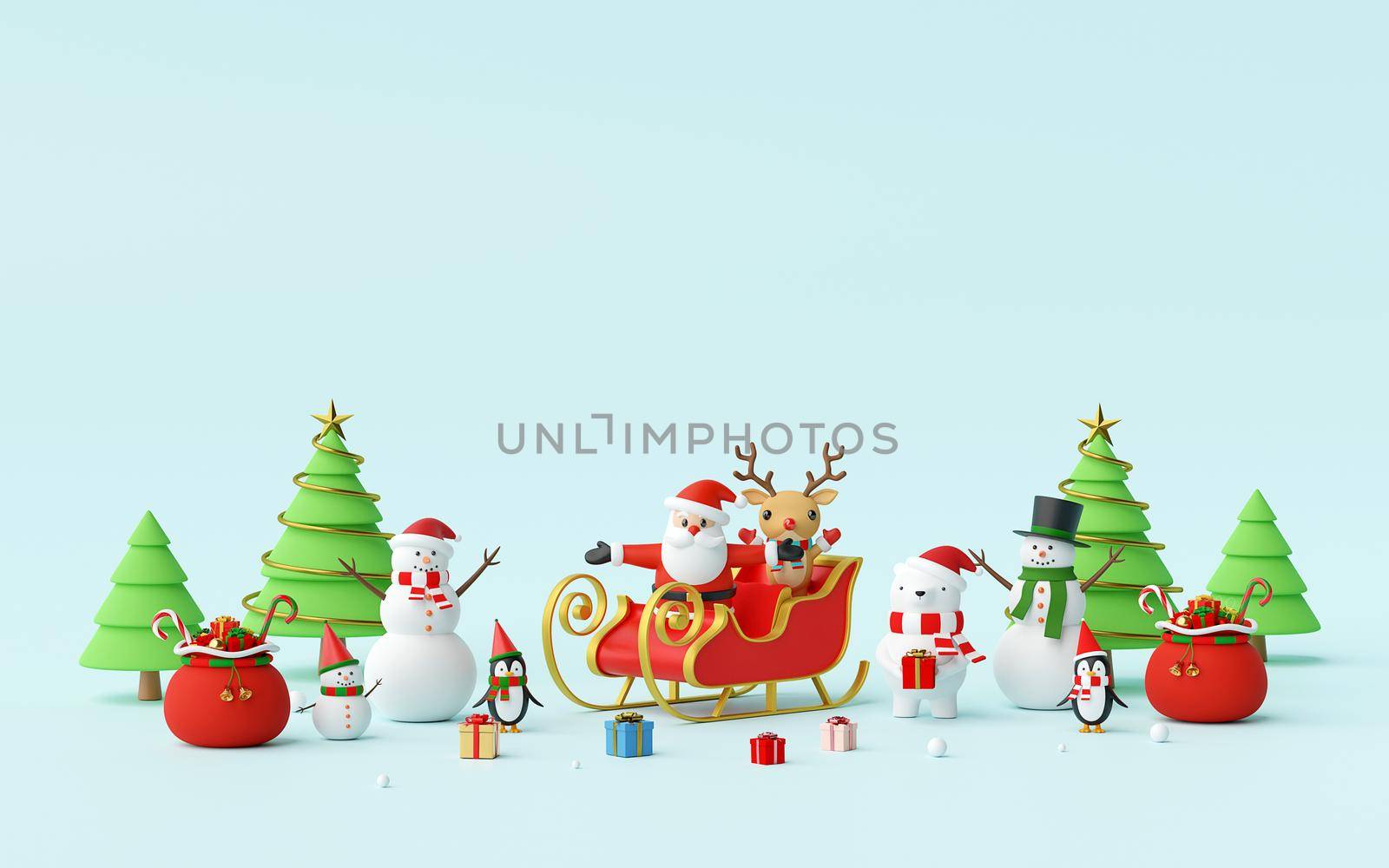Merry Christmas and Happy New Year, Scene of Christmas celebrate with Santa Claus and friends, 3d rendering