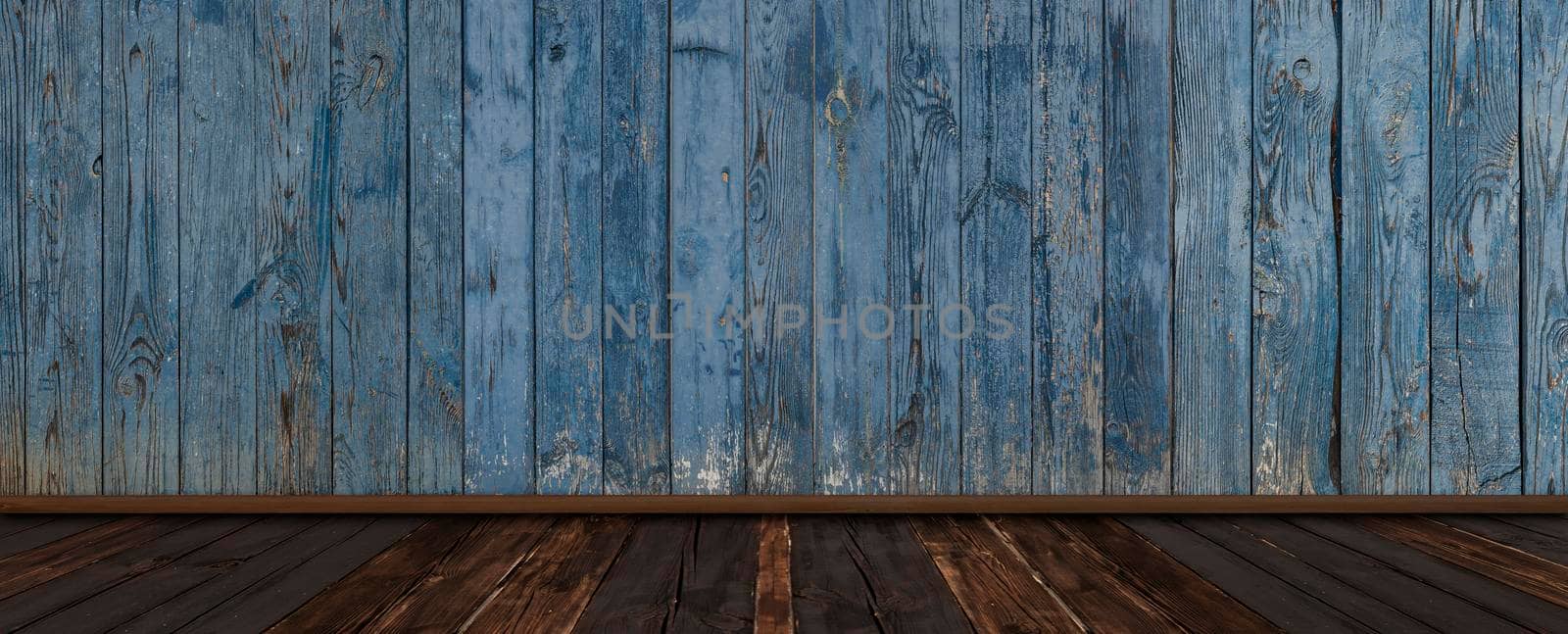 Large empty room - wooden blue wall with dark floor