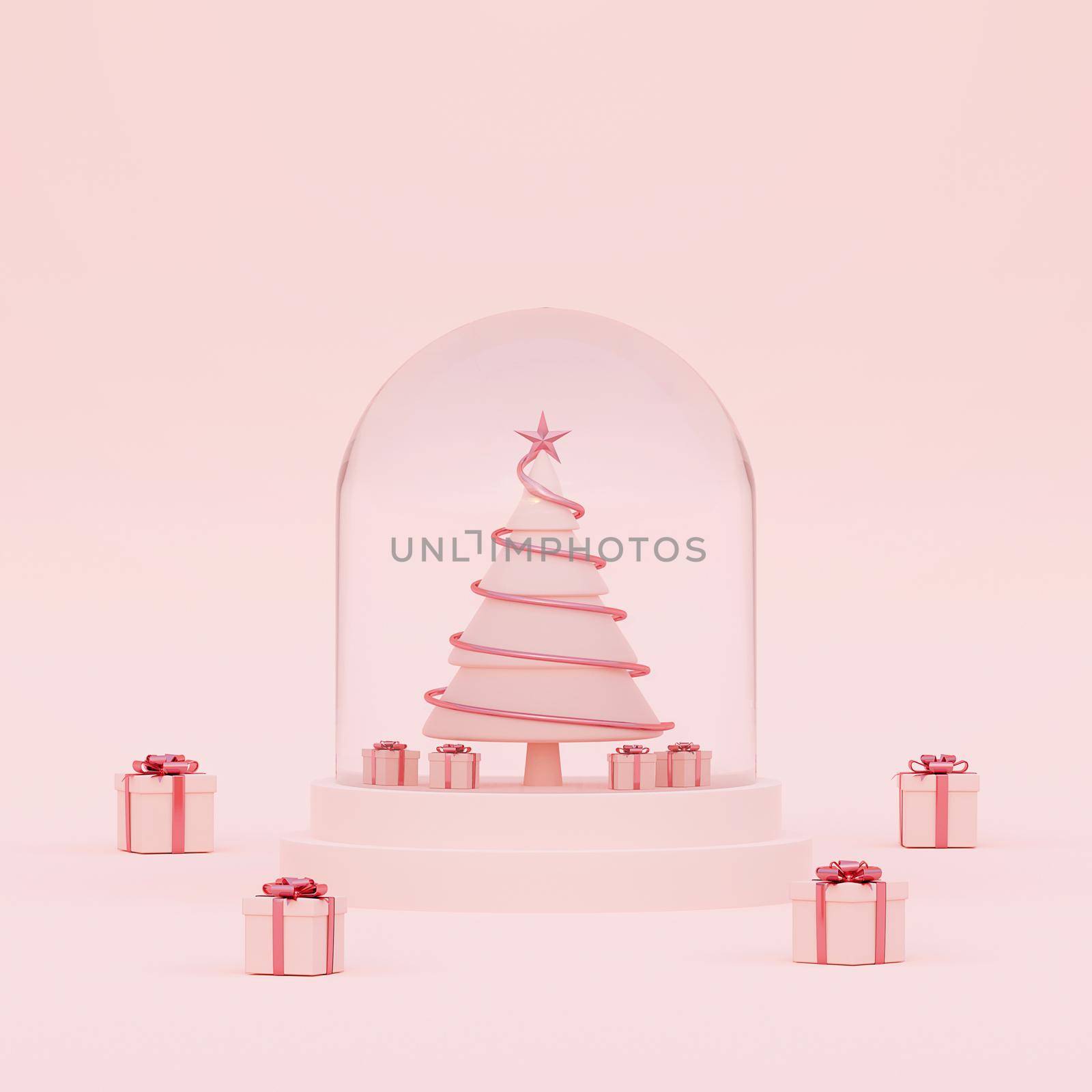 Christmas tree in a snowglobe with Christmas gifts on a pink background, 3d rendering