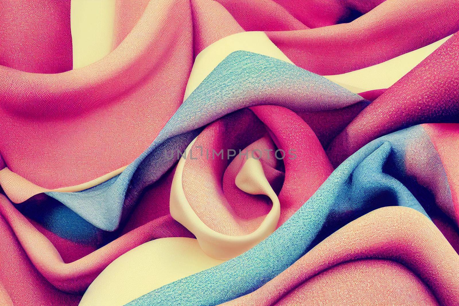 3D render of undulating fabric creamy colors with complex texture. Silk fabric beige organza macro texture abstract background.