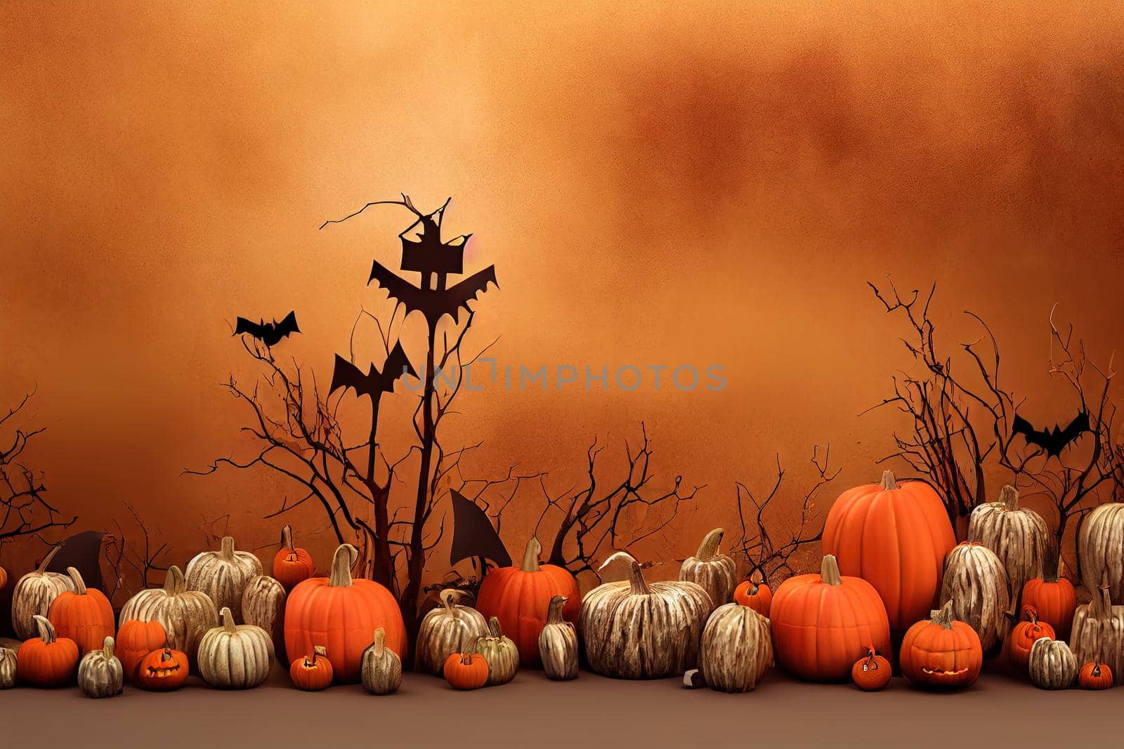 3D Halloween background podium display on beige, wood and pumpkin. Brown cosmetic, beauty product promotion autumn pedestal with shadow. Natural showcase. Abstract minimal studio 3D render v1