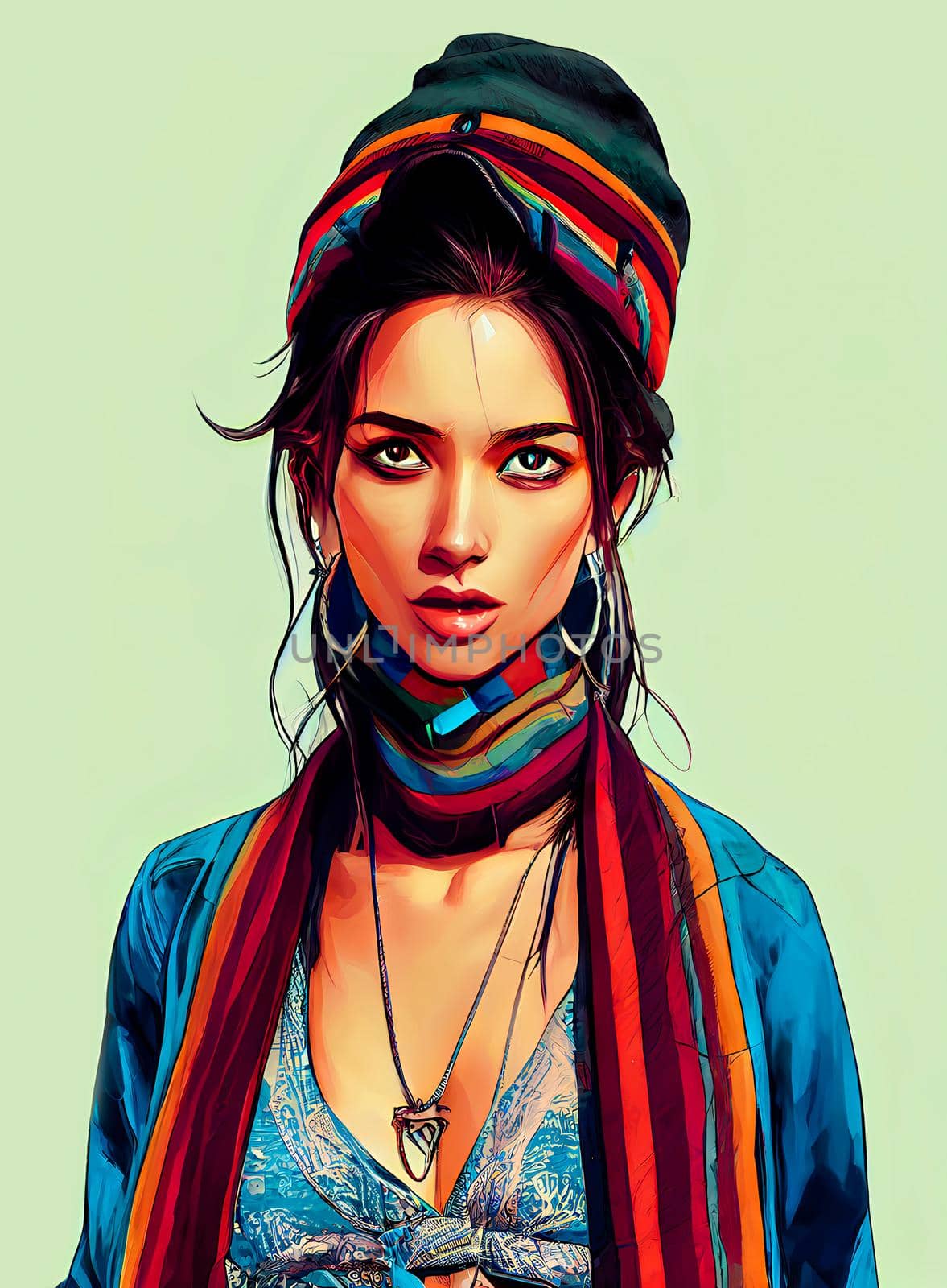 Urban fashion mexican female model wearing colorful hat and scarf. Digital illustration