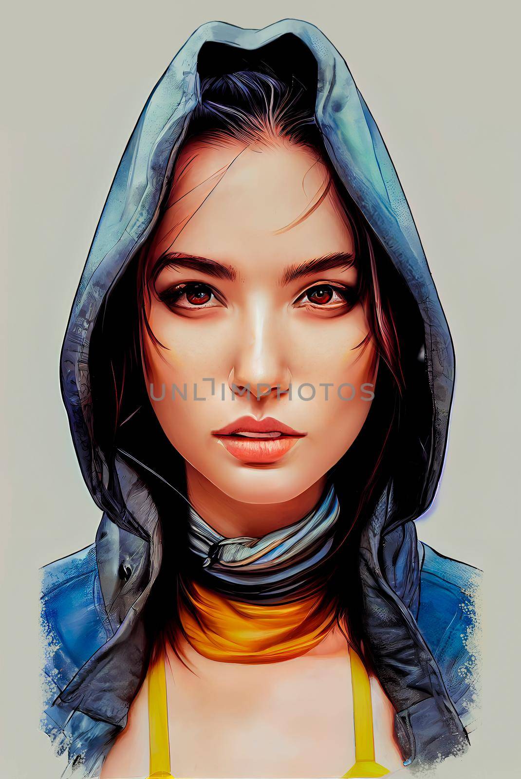 Urban fashion female model illustration. Caucasian brunette girl in blue hoodie. Digital illustration