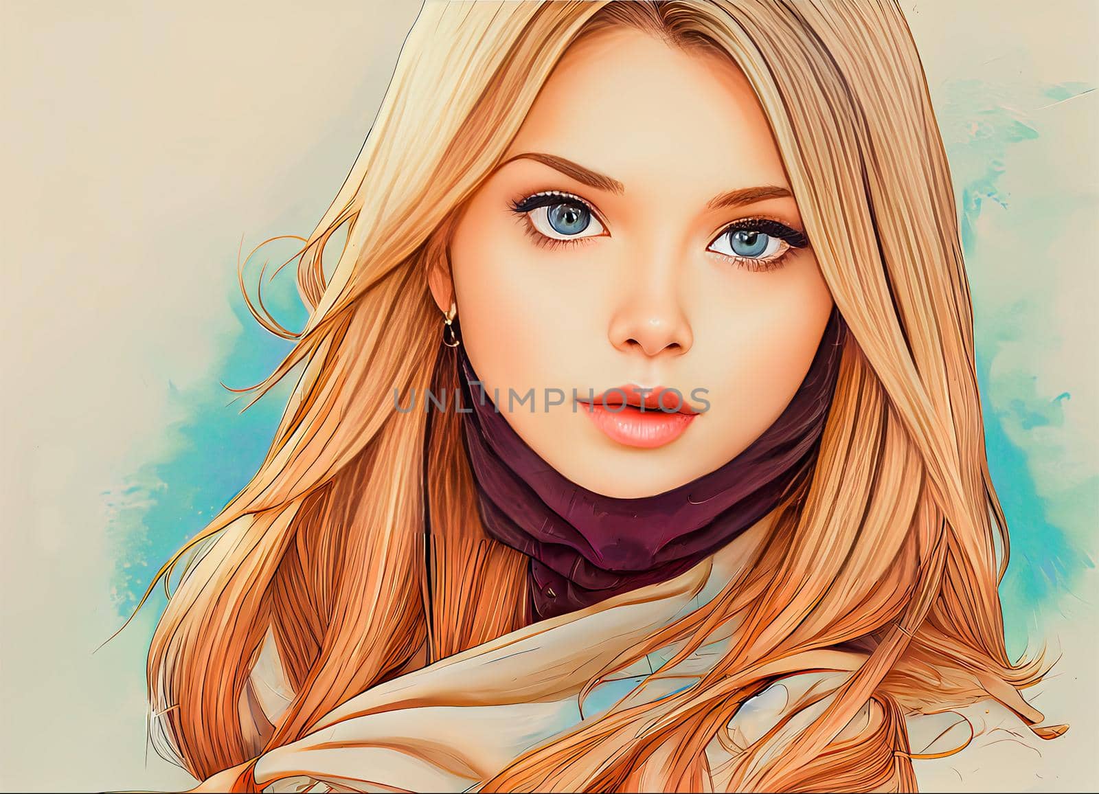 Modern fashion model caucasian blonde blue eyed girl wearing urban autumn clothes. Digital illustration