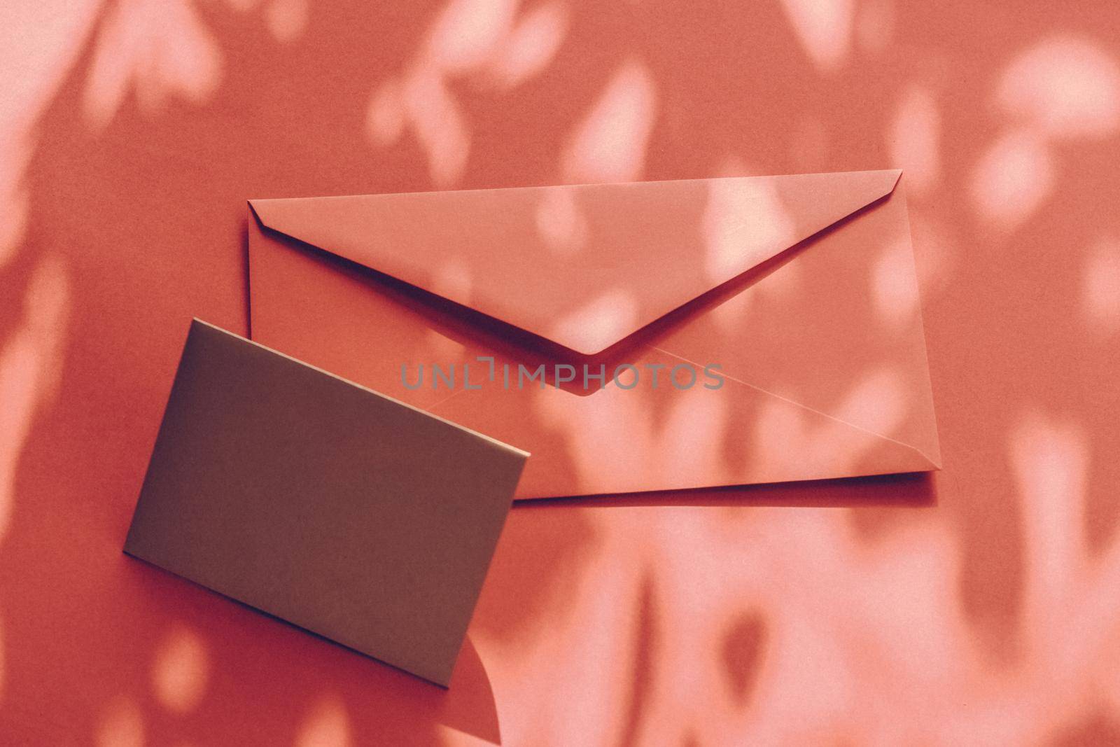 Holiday marketing, business kit and email newsletter concept - Beauty brand identity as flatlay mockup design, business card and letter for online luxury branding on orange shadow background