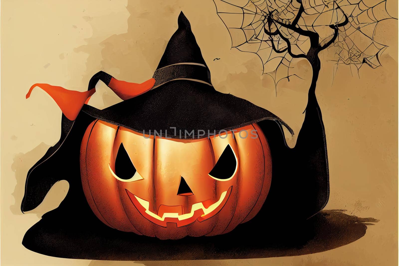 Cartoon halloween pumpkin wearing witch hat isolated