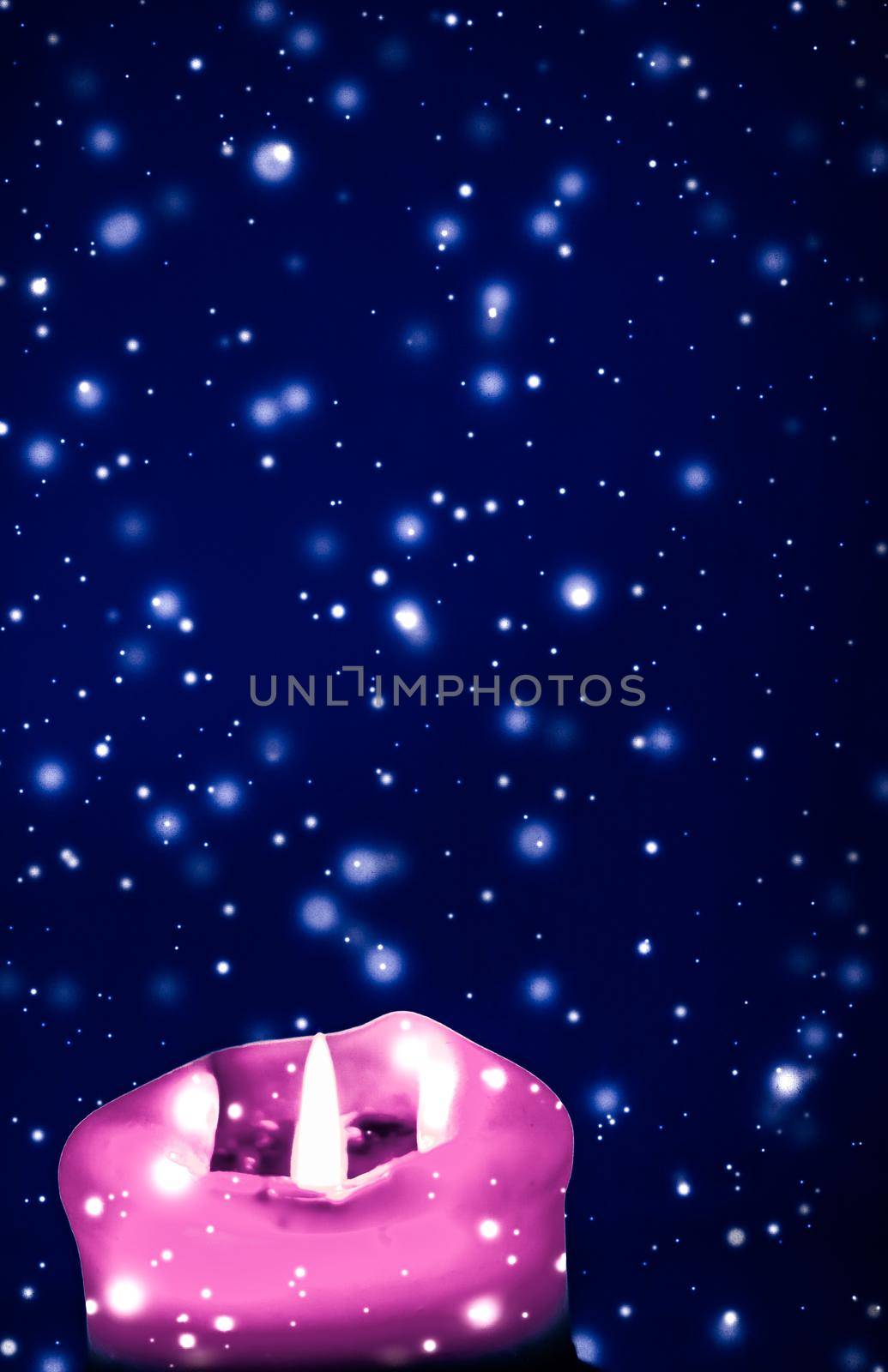 Happy holidays, greeting card and winter season concept - Pink holiday candle on blue sparkling snowing background, luxury branding design for Christmas, New Years Eve and Valentines Day