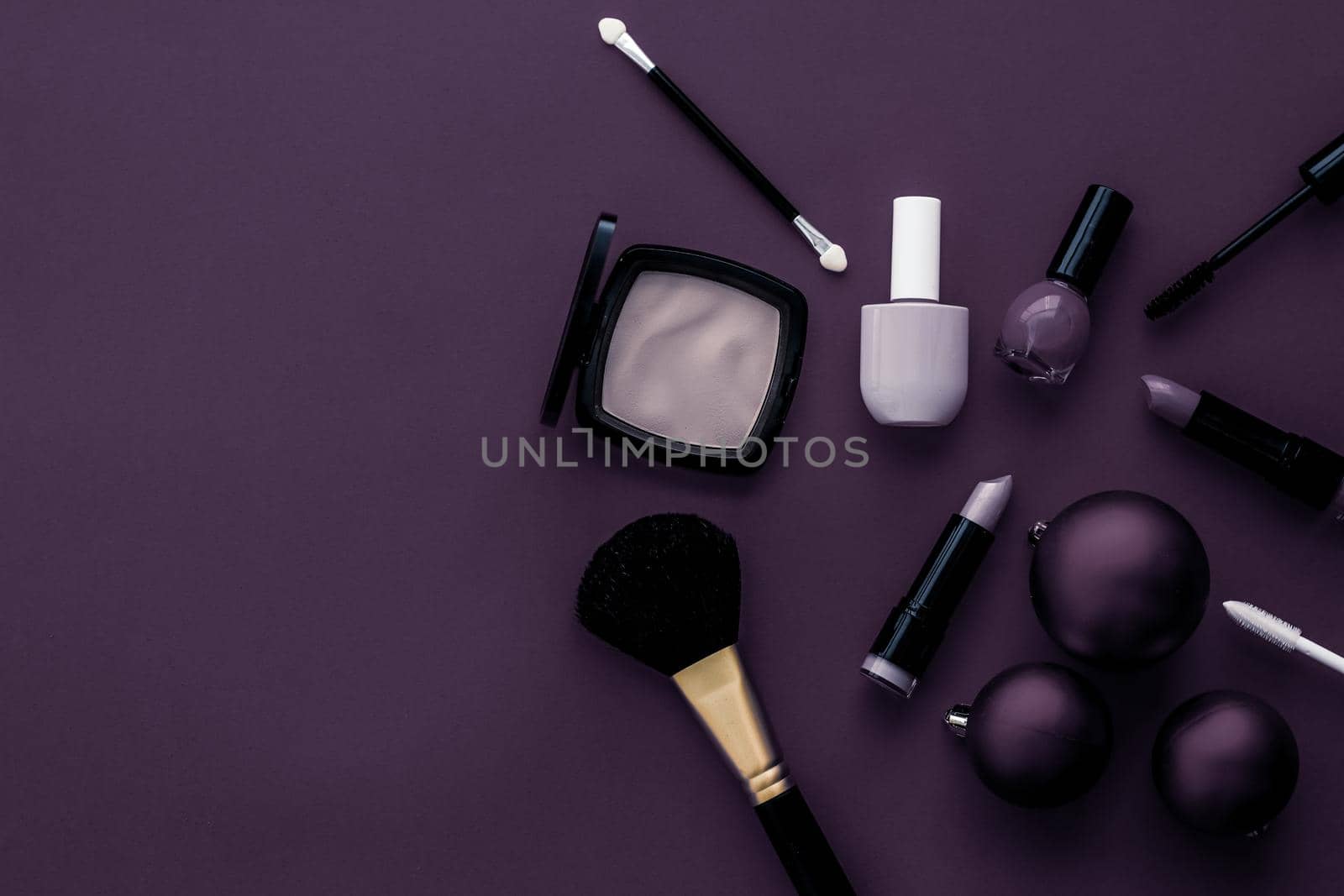 Cosmetic branding, fashion blog cover and girly glamour concept - Make-up and cosmetics product set for beauty brand Christmas sale promotion, luxury plum flatlay background as holiday design