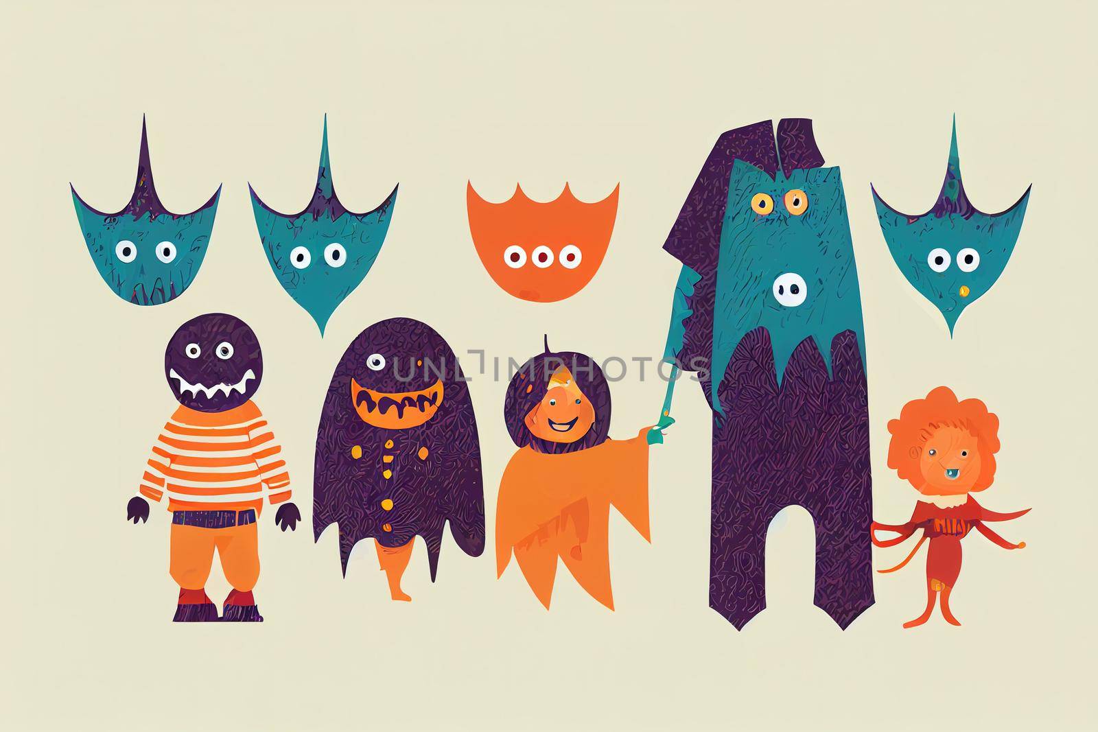 Cute Kids Wear Monsters Costume, Happy Halloween Banner Party Celebration Flat Illustration , Hand drawn v3