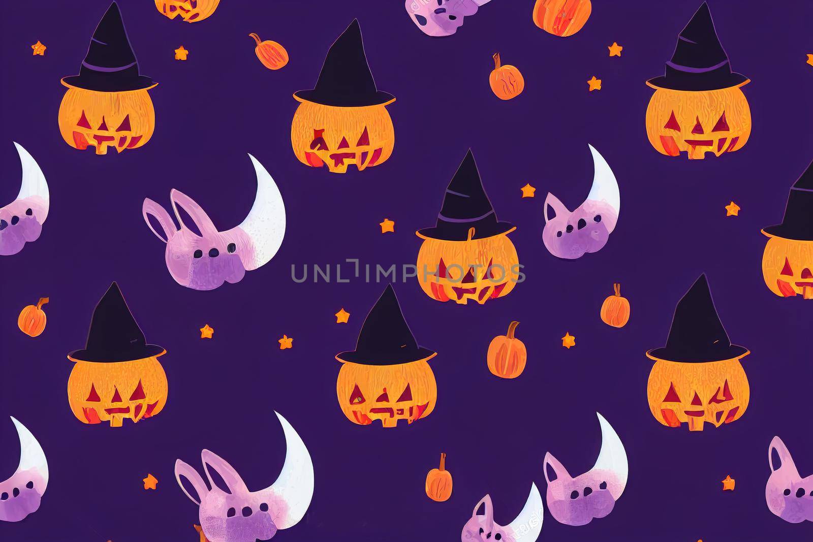 Cute Halloween, Seamless pattern with funny Halloween rabbit in witch hat with pumpkin on purple background, illustration, Cute kids collection 2d style, illustration, design v2