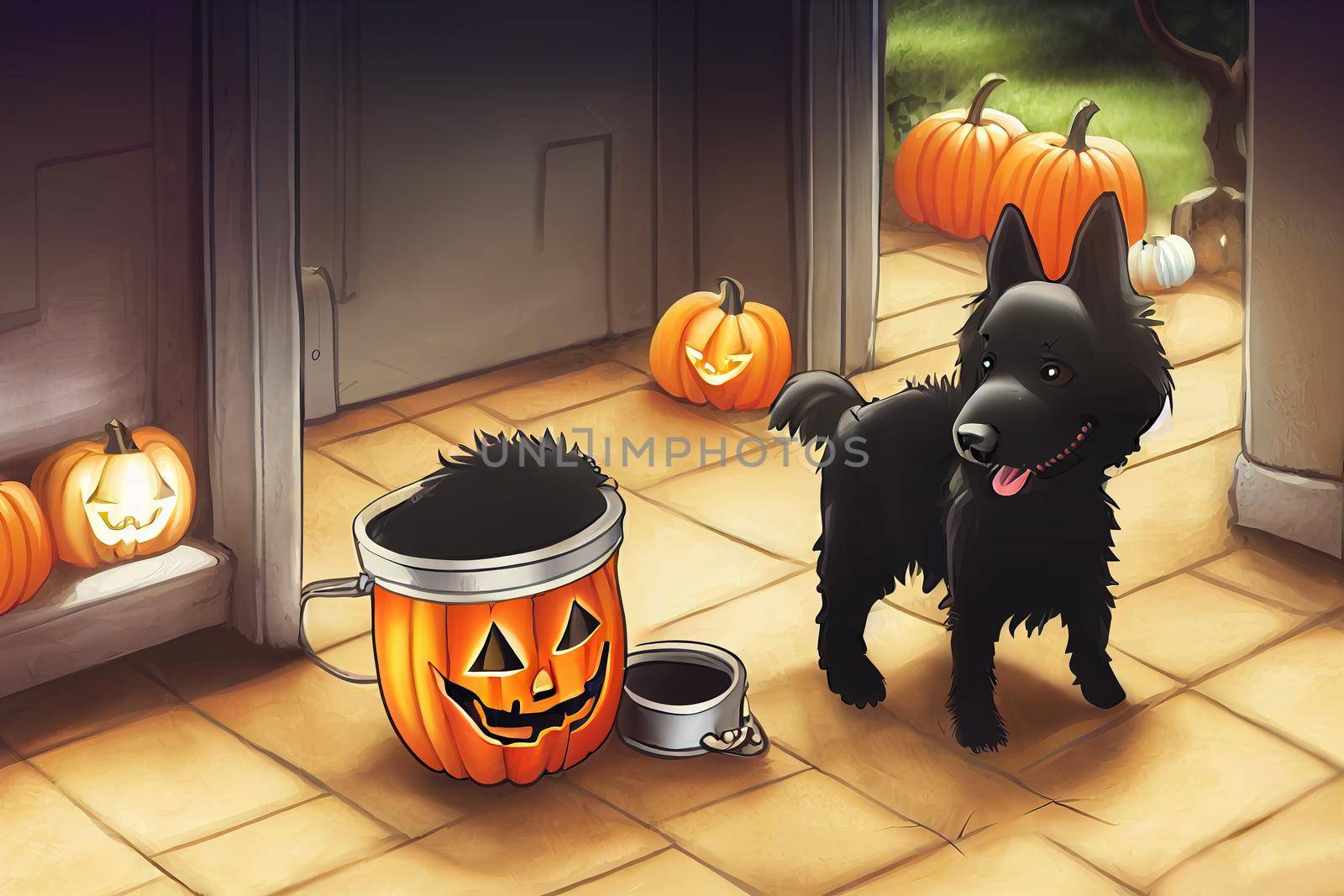 Cute black dog with Halloween treat bucket on floor indoors ,toon style by 2ragon