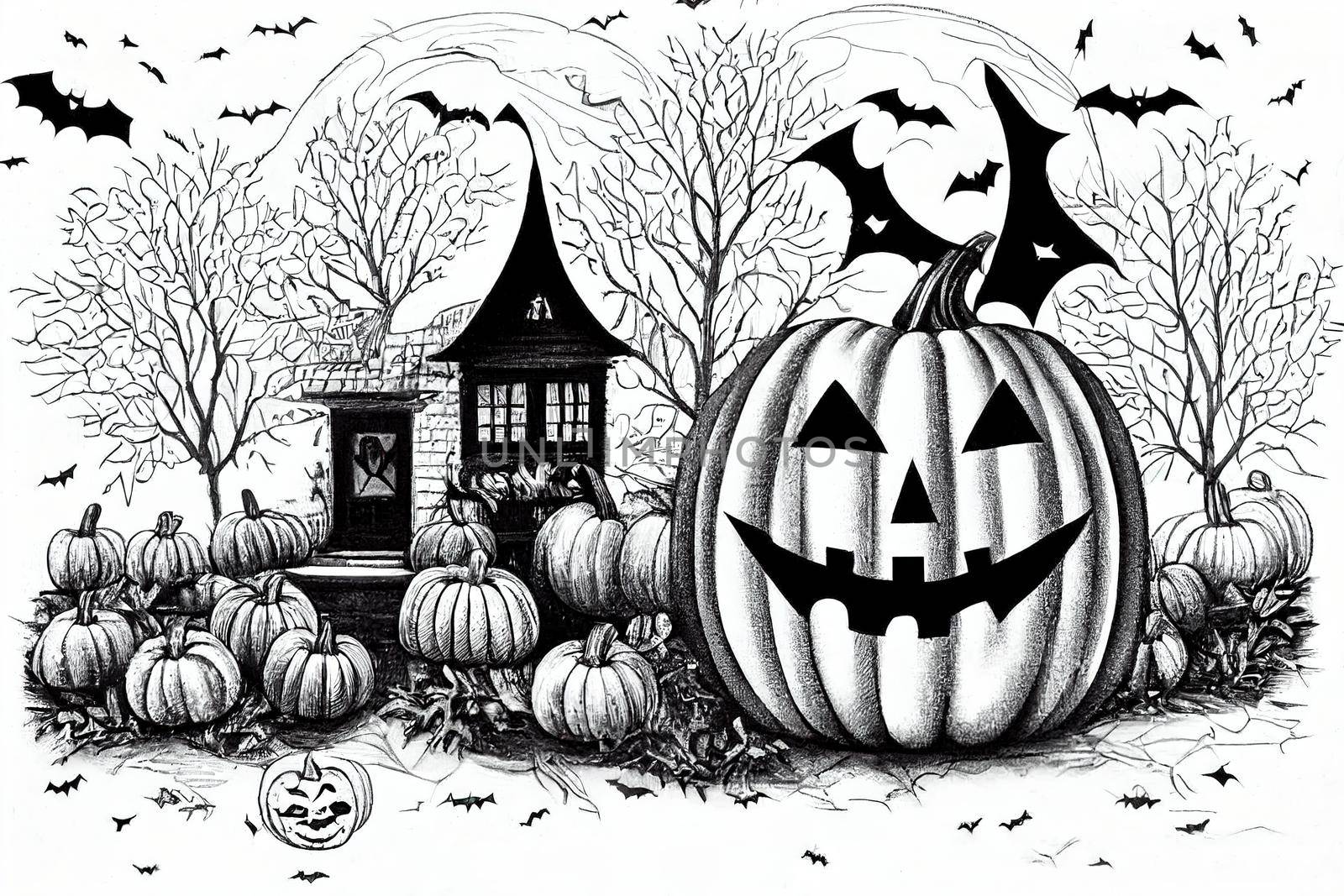 cute coloring page for kids with a pumpkin full of halloween candy, a house, a bat and more, you can print it on paper painting, illustration, drawing v1