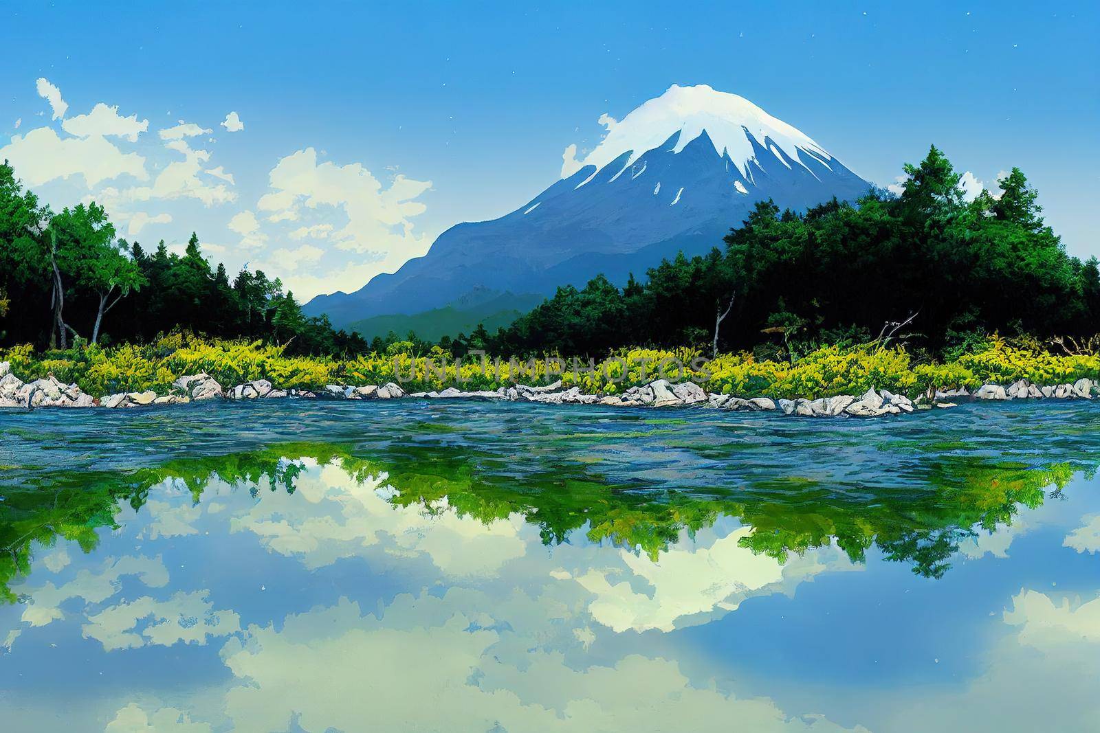 Chubu-Sangaku National Park in early summer,This place is Kamikochi,with River Azusa-gawa and Mt,Yakedake,Matsumoto,Nagano,Japan,Late June, anime style, cartoon style toon style v1