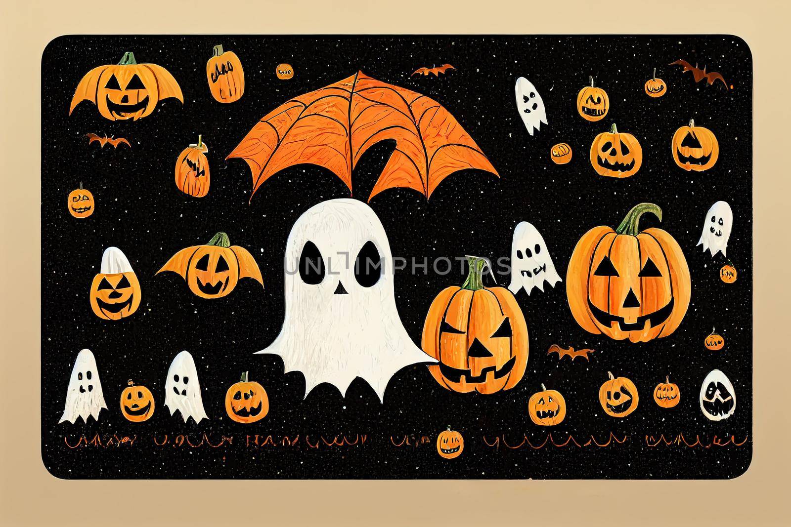 Cute Hand Drawn Halloween Cards and Pattern, Little White Ghost on a Black Background, Happy Halloween, Trick or Treat, Sweet Little Pumpkins and White Funny Skulls, Gravestone with Boo inscription v1