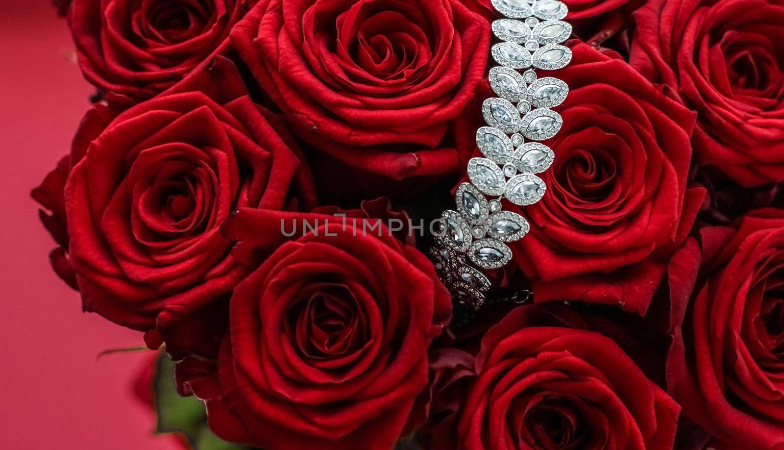 Luxury diamond bracelet and bouquet of red roses, jewelry love gift on Valentines Day and romantic holidays present by Anneleven