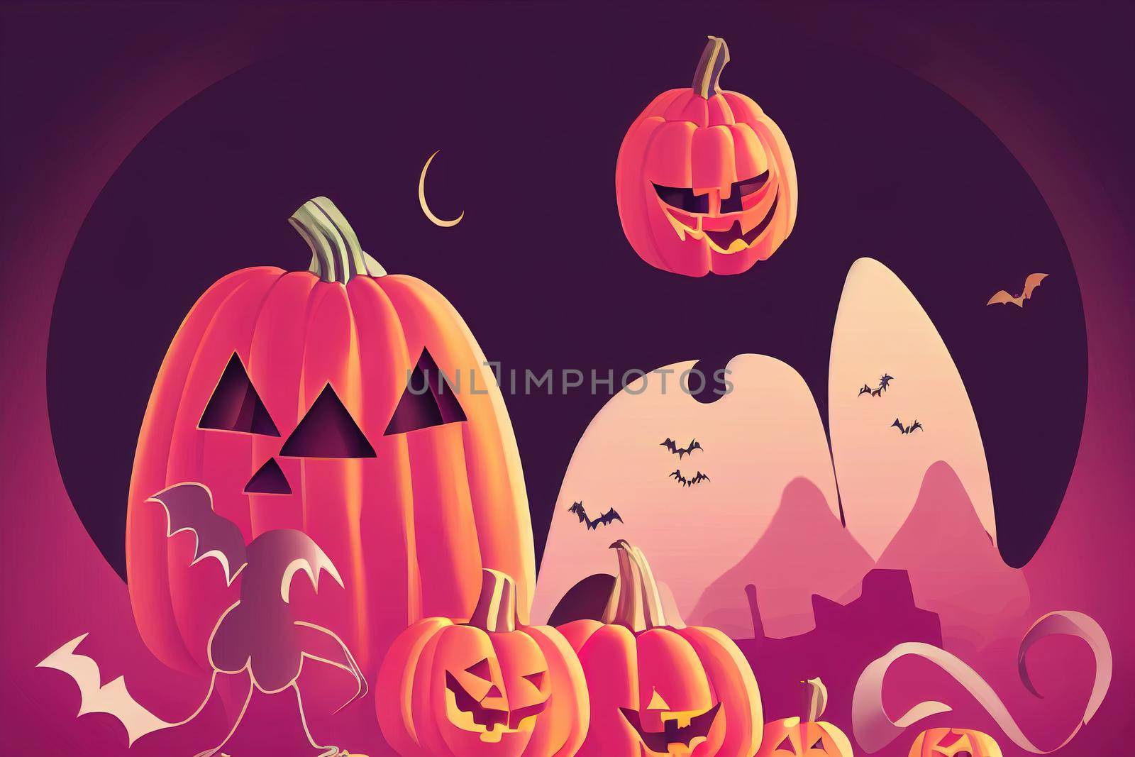 Cute Halloween Illustration with Pumpkin Surrounded by Ghosts and Bats by 2ragon