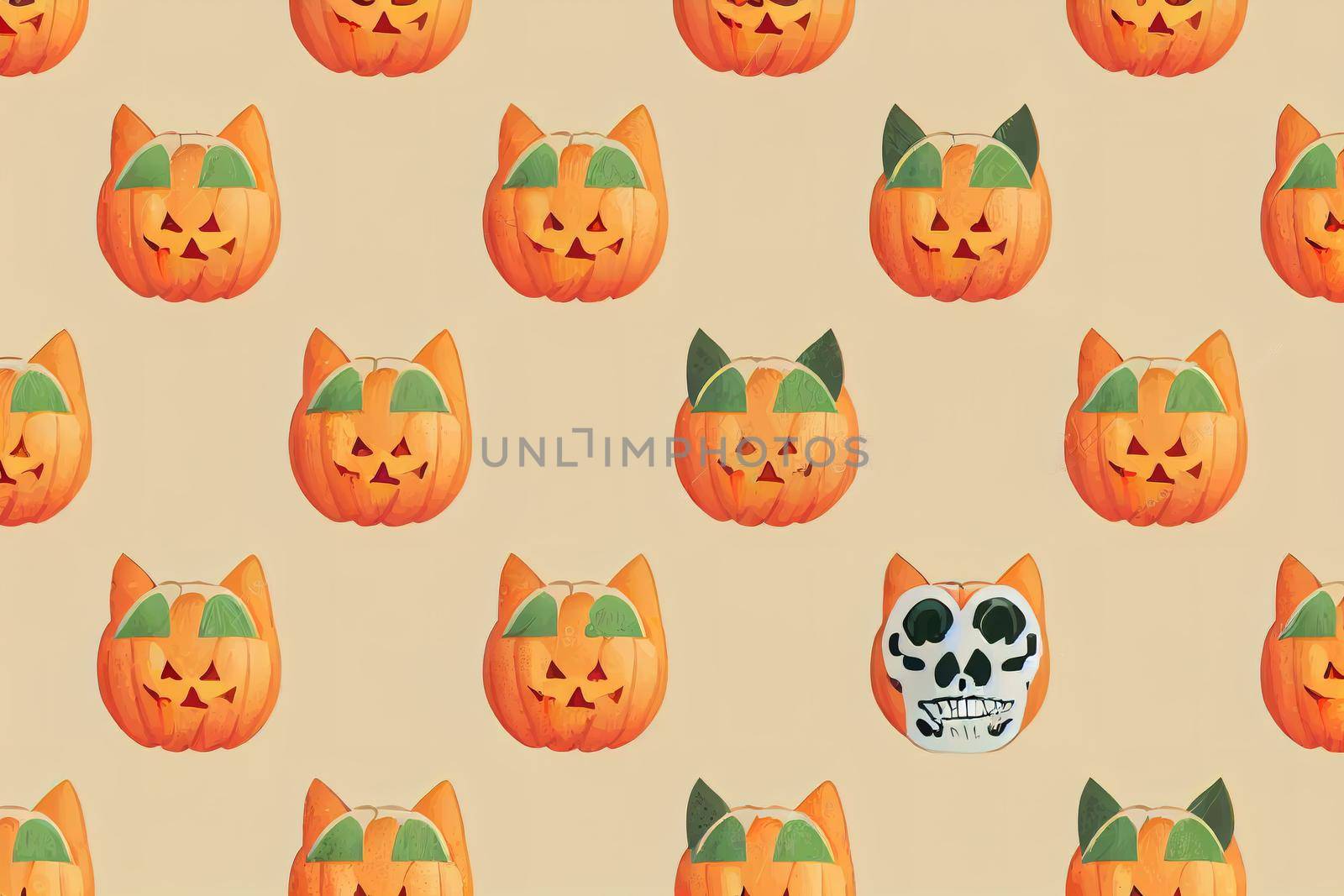 Cute seamless pattern of Halloween cat,pumpkin,skull,heart shapes on green,happy Halloween concept illustration,design for texture,fabric,clothing,decoration,wrapping,print,cartoon character v1